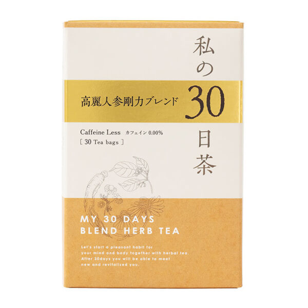 生活の木 私の30日茶 高麗人参剛力ブレンドは1日1杯のハーブティーで、心と体に気持ち良い習慣を30日間から始めていただくためのハーブティです。 昔から健康維持に役立つとして珍重されてきた高麗人参や霊芝（レイシ）に加え、ペルーの高山地帯の過酷な環境下で育ったマカ、ゴジベリー（クコの実）といったスーパーフードなど20種類のハーブを配合。 ハトムギの香ばしさをベースに、力強さを感じる東洋ハーブの香りが特徴。 ◆30TB（ティーバッグ） まずは30日召し上がっていただくために。 携帯に便利な個包装タイプなので、1日複数回召し上がる方やオフィスや旅行先でも取り入れやすいです。 ◆カフェインレス商品 無水カフェイン0.00％※ ※本製品で使用のマテグリーンにはカフェインが含まれていますが、分析値はティーバッグ1袋熱湯180ml抽出当たりの数値となります。 ◆お召し上がり方 ・ホットの場合 温めたカップにティーバッグを入れ、沸騰させたお湯約180mlを注ぎ、5〜6分置いてからお召し上がりください。 ・アイスの場合 通常の半分程度のお湯で濃い目に出し、氷を入れた耐熱グラスに直接注いでください。※水出し用ではありません。 ■商品名：生活の木 私の30日茶 高麗人参 剛力ブレンド ティーバッグ 個包装 お茶 カフェインレス ハーブティー 霊芝 マカ ゴジベリー クコの実 ハトムギ ホット アイス ■内容量：30TB（ティーバッグ） ■原材料名：ハトムギ(タイ産)、マルベリー、黒大豆、クコの葉、甜茶、クコの実、マテグリーン、シベリアンジンセン、グァバ葉、杜仲葉、ターメリック、ジンジャー、みかんの皮、霊芝、サラシアレティキュラータ、高麗人参、マカルートパウダー、アガリクス、シナモン、ローズヒップ ■メーカー或いは販売者：株式会社生活の木 ■賞味期限：製造日より36ヶ月（3年） ■保存方法：直射日光、高温多湿の場所を避け、冷暗所に保存してください。 ■区分：食品 ■製造国：日本【免責事項】 ※記載の賞味期限は製造日からの日数です。実際の期日についてはお問い合わせください。 ※自社サイトと在庫を共有しているためタイミングによっては欠品、お取り寄せ、キャンセルとなる場合がございます。 ※商品リニューアル等により、パッケージや商品内容がお届け商品と一部異なる場合がございます。 ※メール便はポスト投函です。代引きはご利用できません。厚み制限（3cm以下）があるため簡易包装となります。 外装ダメージについては免責とさせていただきます。