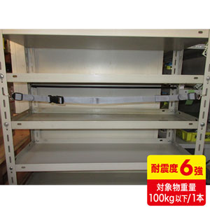 ※こちらの商品は、誠に勝手ながら「代金引換不可」とさせて頂きます。 【特長】■オープン棚に収められた書類、ケースなどの収納物の落下を防止するベルトです。■オープン棚の支柱穴にフックを引っ掛けて固定するだけの簡易設置です。■ベルトは着脱バックル付きなので収納物の出し入れが容易です。■収納物に合わせて任意の高さに設置して使う事ができます。【仕様】■材質：ポリアセタール、ポリプロピレン、めっき処理鉄■サイズ：W37×D20×H1200mm※ベルトのみのサイズはW25×D1.5mmです。■適応温度：0〜40℃■耐震度：震度6強■対象物重量：100kg以下/本■入数：1■セット内容：本体×1、取扱説明書×1ベルトで簡単落下防止！フック式。 収納物を確実に落下防止します。長さ120cm。