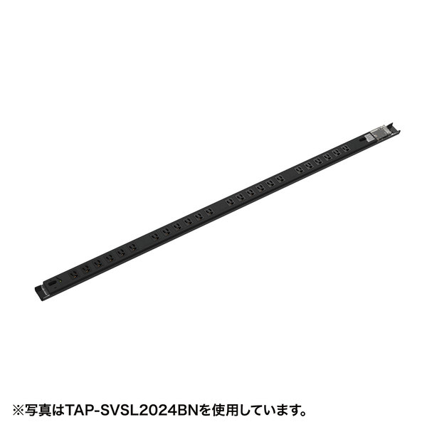 ※こちらの商品は、誠に勝手ながら「代金引換不可」とさせて頂きます。 【特長】■19インチサーバーラックへ簡単取付け可能です。タップ本体に取り付け穴があるので、ネジで直接取付可能＊取付け用ネジは付属していません。■オプションのL型取付け金具でマウントフレームへ取付け可能＊L型金具は別売となります。（TAP-SVSET定価￥2000）■通電表示LEDランプを標準装備してます。■抜け止め式差込口採用で、不意の抜け落ちを防止します。■電源コード（3m）、プラグが標準で付いています。■消費電力のオーバーや過電流による危険を予防できるサーキットプロテクタ付きです。【仕様】■定格容量:125V・15A（合計1500Wまで）■適合規格:電気用品安全法（PSE）技術基準適合品■差し込み口形状:3P■プラグ形状:3P（接地付きプラグ）■プラグ仕様:平行型■差込口タイプ:抜け止めタイプ■差込口間隔:40mm■差込口カラー:ブラック■差込口数:18個口■コード導体サイズ:2平方ミリメートル（許容電流23A）VCTF2.0（3芯）■電源コード長:3m■二重構造:あり■コード色:ブラック■ブレーカー:搭載サーキットプロテクタ■圧着端子：丸型圧着端子R2-5（JISC2805相当品）■使用地域：日本国内のみ。日本以外ではご使用いただけません。■ケーブル仕様：2平方ミリメートル（許容電流23A）■ケーブル種類：VCTF2.0（3芯）＜使用環境条件＞■周囲温度：−5℃〜40℃（但し、24時間の平均値が35℃を超えないものとする）■周囲湿度：85％以下（氷結、結露不可）■標高：2000m以下■使用環境：過度の水蒸気、油蒸気、煙、腐食性ガスなどが存在しないこと。また、異常な振動、衝撃を受けない環境であること。19インチサーバーラック用スリム型コンセント サーキットプロテクタ付き