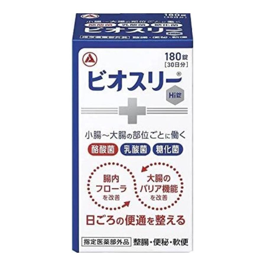 ■特 長ビオスリーは腸内フローラと大腸のバリア機能を改善することで、日ごろの便通を整えます。乳酸菌だけでなく、酪酸菌、糖化菌を加えた3種の活性菌を配合しています。便秘や軟便にも、日ごろのおなかのケアにも使えます。のみやすい、やや甘みのある小粒の錠剤です。■メーカーアリナミン製薬株式会社■効能・効果整腸（便通を整える）、便秘、軟便、腹部膨満感■摂取方法次の量を、食後に服用してください。［年齢：1回量：1日服用回数］成人（15歳以上）：2錠：3回5歳以上15歳未満：1錠：3回5歳未満：服用しないこと＜用法・用量に関連する注意＞(1)小児に服用させる場合には、保護者の指導監督のもとに服用させてください。(2)用法・用量を厳守してください。■成　分6錠中酪酸菌 150mg、ラクトミン（乳酸菌） 30mg、糖化菌 150mg※添加物として、ポリビニルアルコール（完全けん化物）、ポビドン、バレイショデンプン、乳糖水和物、ステアリン酸Mgを含有する。■使用上の注意＜相談すること＞1．次の人は服用前に医師又は薬剤師にご相談ください。医師の治療を受けている人。2．次の場合は、服用を中止し、この添付文書を持って医師又は薬剤師にご相談ください。1ヵ月位服用しても症状がよくならない場合。＜保管及び取扱い上の注意＞(1)直射日光のあたらない湿気の少ない涼しい所に密栓して保管してください。(2)小児の手の届かない所に保管してください。(3)他の容器に入れ替えないでください。　（誤用の原因や品質が変わるおそれがあります。）(4)本剤は湿気を吸いやすいので、服用のつど必ずフタをかたくしめてください。(5)ビンの中の上部のつめものは、錠剤がこわれるのを防ぐために入れてありますので、フタを開けた後は取り除いてください。(6)使用期限のすぎた製品は服用しないでください。(7)箱とビンの「開封年月日」記入欄に、ビンを開封した日付を記入してください。(8)一度開封した後は、品質保持の点から開封日より 6ヵ月以内を目安になるべくすみやかに服用してください。商品区分：【医薬部外品】／日本製【広告文責】株式会社メニピィ　TEL06-4256-1210