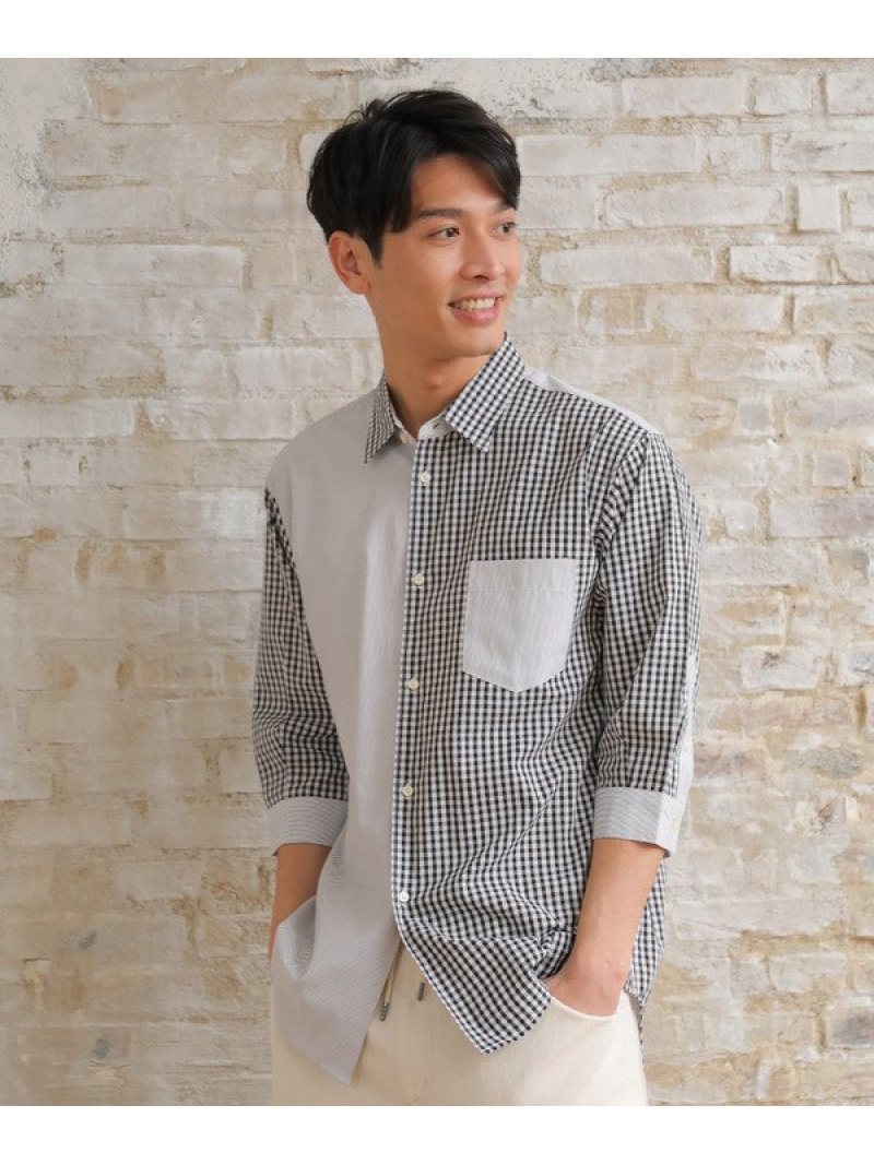 【SALE／50%OFF】ブロードマテリアル 七分丈マルチテキスタイルパターンシャツ UNION STATION メンズ ビギ トップス シャツ・ブラウス ブルー ブラック ベージュ【RBA_E】[Rakuten Fashion]