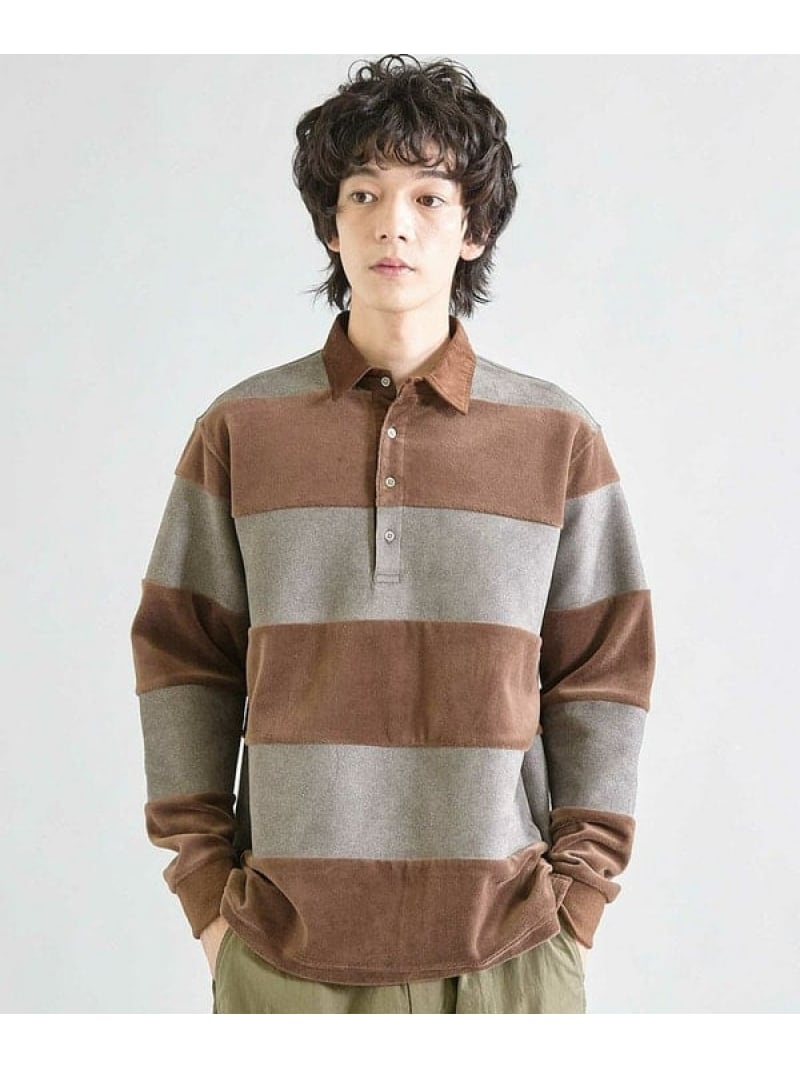 カットベロア*フェイクスエードボーダー ラグビーシャツ UNION STATION メンズ ビギ トップス スウェット・トレーナー ブラック グレー【送料無料】[Rakuten Fashion]