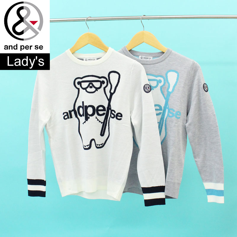 送料無料 and per se アンパスィ ゴルフウェア レディース ニットセーター トップス キャラクター 長袖 クルーネック ブランド おしゃれ 秋冬