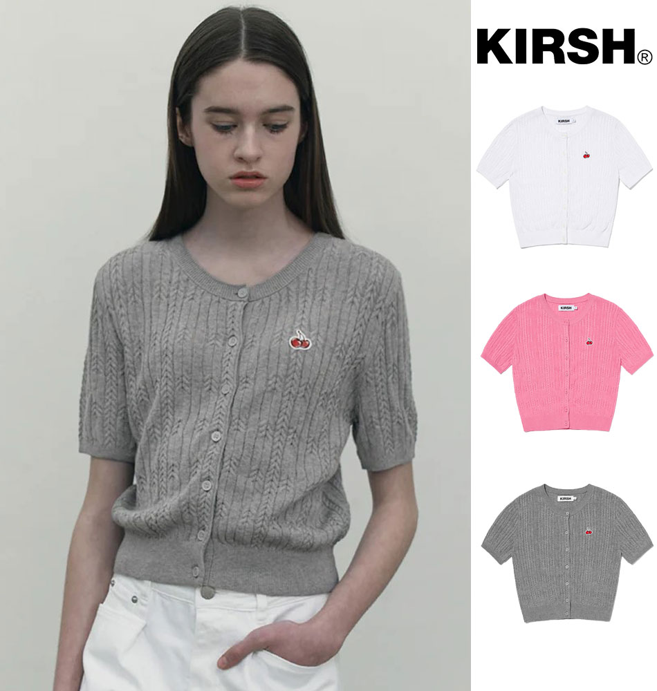 KIRSH SMALL CHERRY CABLE CROP SHORT SLEEVE KNIT CARDIGAN キルシー スモールチェリーケーブルクロップニットカーディガン/全3色 チェリー ボーダー ニット カーデ ライトアウター 羽織 クロップド丈 ショート丈 へそ出し クロップ 半袖ニット ニットソー