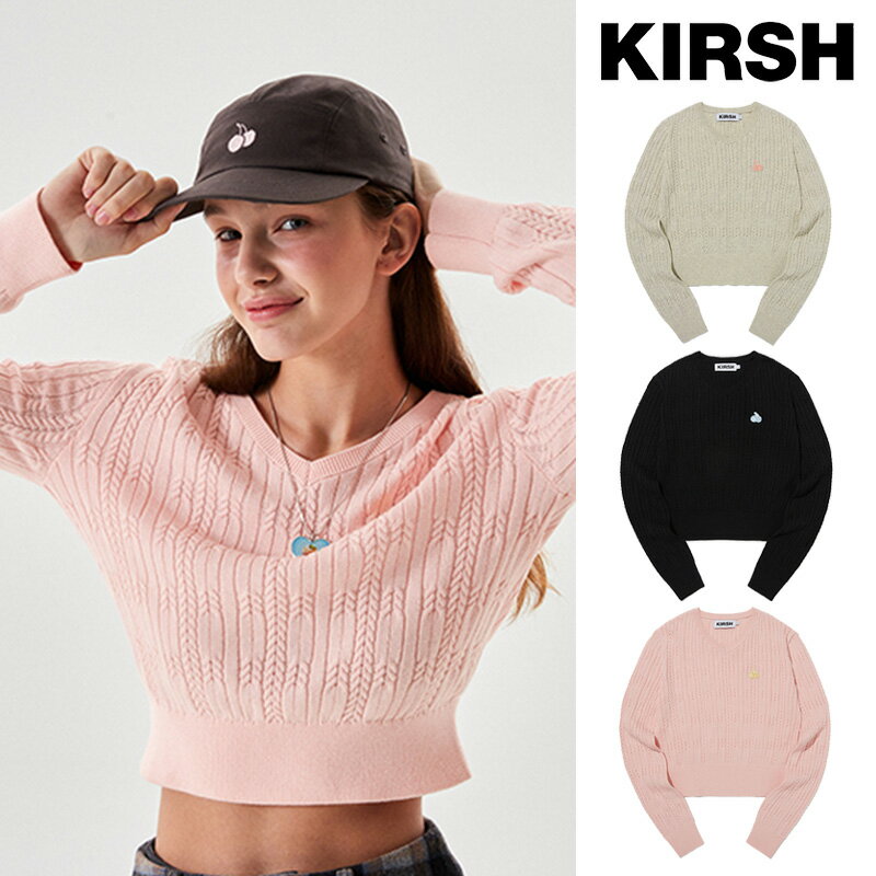 KIRSH SMALL CHERRY V-NECK CABLE CROP KNIT キルシー スモールチェリー Vネック クロップ ニット/全3色 韓国ブランド 韓国ファッション 正規品 トップス ニット レディース クロップ丈 ショート丈 春 ブラック ベージュ ピンク