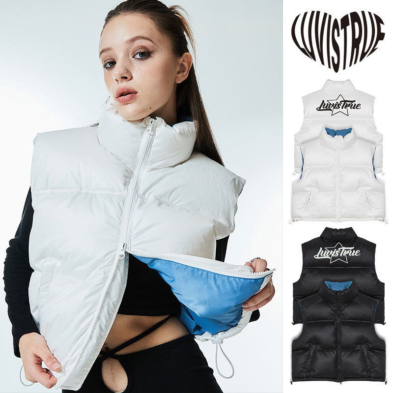 LUV IS TRUE ラブイズトゥルー スターロゴ パディングベスト STAR LOGO PADDING VEST/全2色 韓国ブランド 韓国ファッション ベスト 中綿ダウン ダウンベスト 防寒 あったか ベスト ペディン レディース アウター 服 秋冬 かわいい Y2K 白 黒 ホワイト ブラック 新作