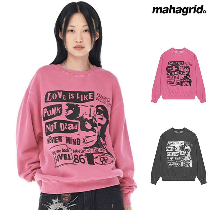 mahagrid マハグリッド ラブパンクピグメント SWT LOVE PUNK PIGMENT SWEATSHIRT/全2色 グレー ピンク ストリート ピグメント プリント ロゴ カジュアル メンズ レディース ユニセックス トレーナー スウェット スエット クルーネック トップス 長袖