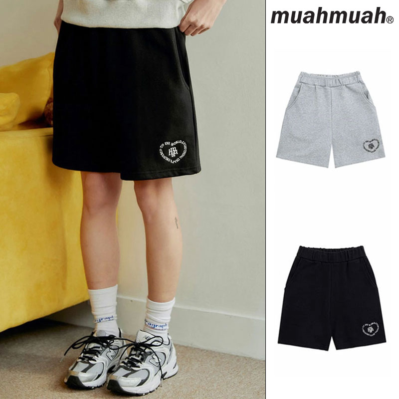 muahmuah ムーアムーア 正規品 ステッチハーフパンツ STITCH TRAINING HALF PANTS/全2色【あす楽対応】韓国ブランド 韓国ファッション スウェットパンツ ショートパンツ レディース ショーパン ルームウェア ズボン ボトムス ウエストゴム 楽ちん ブラック グレー 黒 服