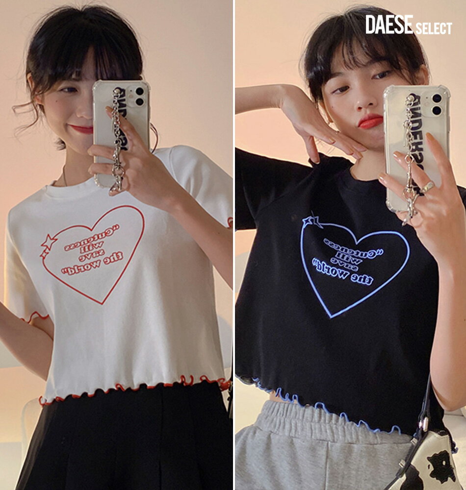 DAESE SELECT デセセレクト ハートクロップ TEE/全2色 韓国 韓国ファッション Tシャツ 半袖 半袖Tシャツ レディース クロップド丈 へそ出し 短め トップス おしゃれ ロゴT ハート 春 夏 Y2K