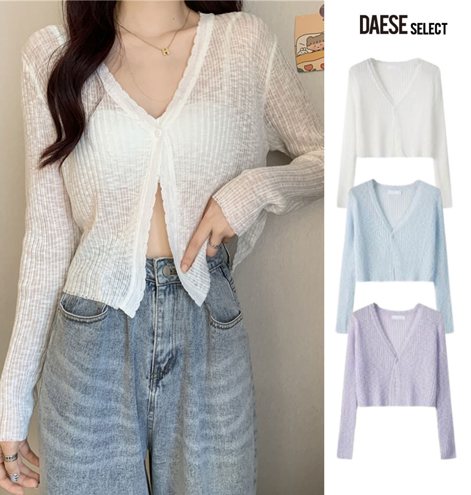 DAESE SELECT デセセレクト シースルーカーディガン/全3色 カーディガン レディース 薄手 夏用 クロップド丈 Vネック カーデ サマーニット トップス フェミニン セミクロップド丈 透け感 通勤 通学 おしゃれ きれいめ 大人 上品 春 夏 韓国 韓国ファッション Y2K