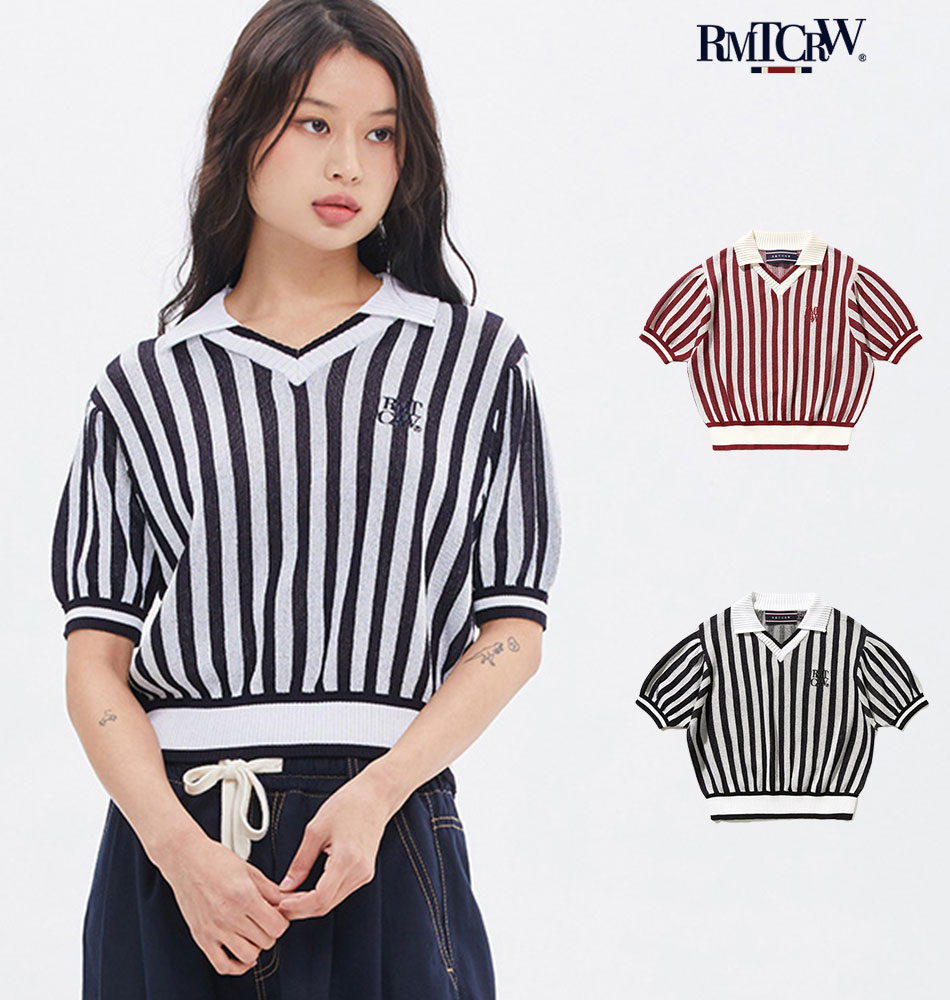 ROMANTICCROWN ロマンティッククラウン 正規品 STRIPE BALLOON KNIT TOP/全2色 【あす楽対応】韓国ブランド 韓国ファッション ニット 半袖 レディース サマーニット クロップド丈 ストライプ …