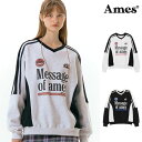 AMES WORLDWIDE アメスワールドワイド Vネックユニフォーム スウェットシャツ V NECK UNIFORM SWEATSHIRT/全2色 韓国ブランド 韓国ファッショントップス トレーナー ロゴ ストリート カジュアル グレー ネイビー ブラック 黒 青 韓スト バレエコア ブロークコア 韓国系