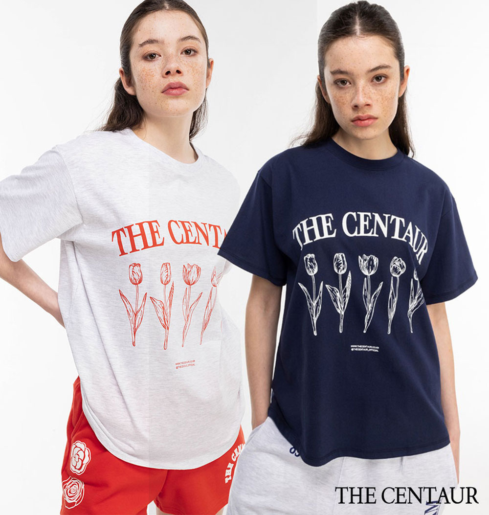 THE CENTAUR ザセントール CINQ TULIP TEE チューリップ 半袖Tシャツ/全2色 韓国ブランド 韓国ファッション トップス カットソー 半袖 Tシャツ クルーネック シンプル ロゴ カジュアル メンズ レディース ユニセックス 花 フラワー おしゃれ グレー ネイビー