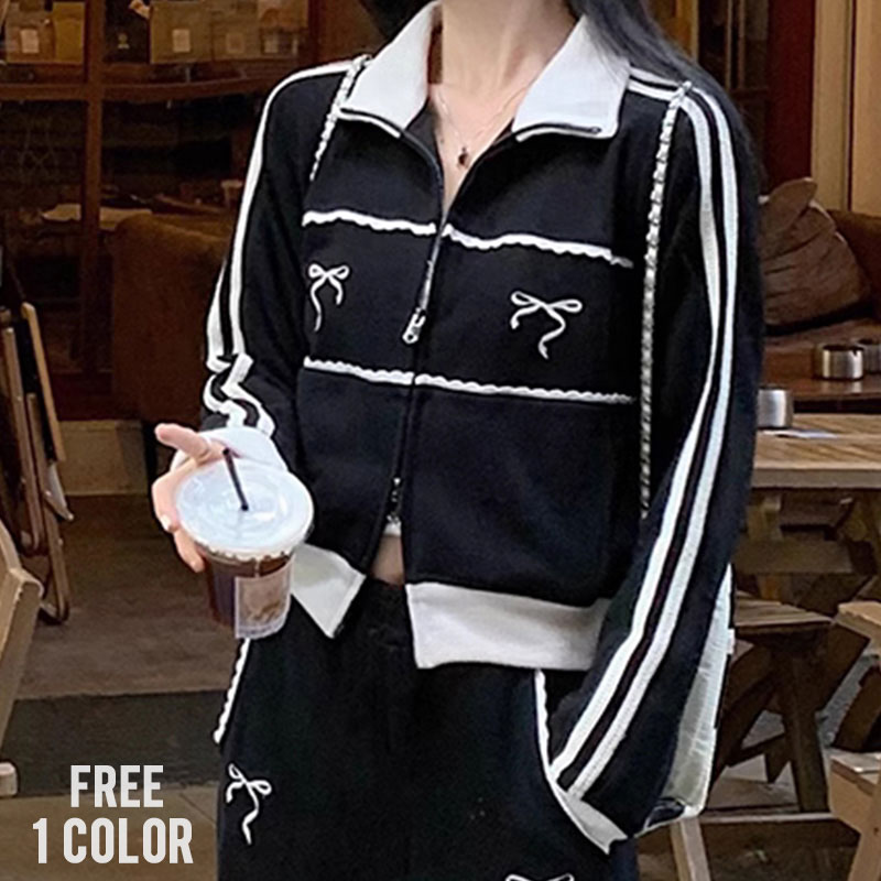 DAESE SELECT デセセレクト リボンスポーツジャージ/全1色 リボン トラックジャケット 韓国系 韓国ファッション バレエコア Y2K レディース アウター クロップ へそ出し 肌見せ 羽織 ライトアウター ブラック 黒 かわいいのサムネイル