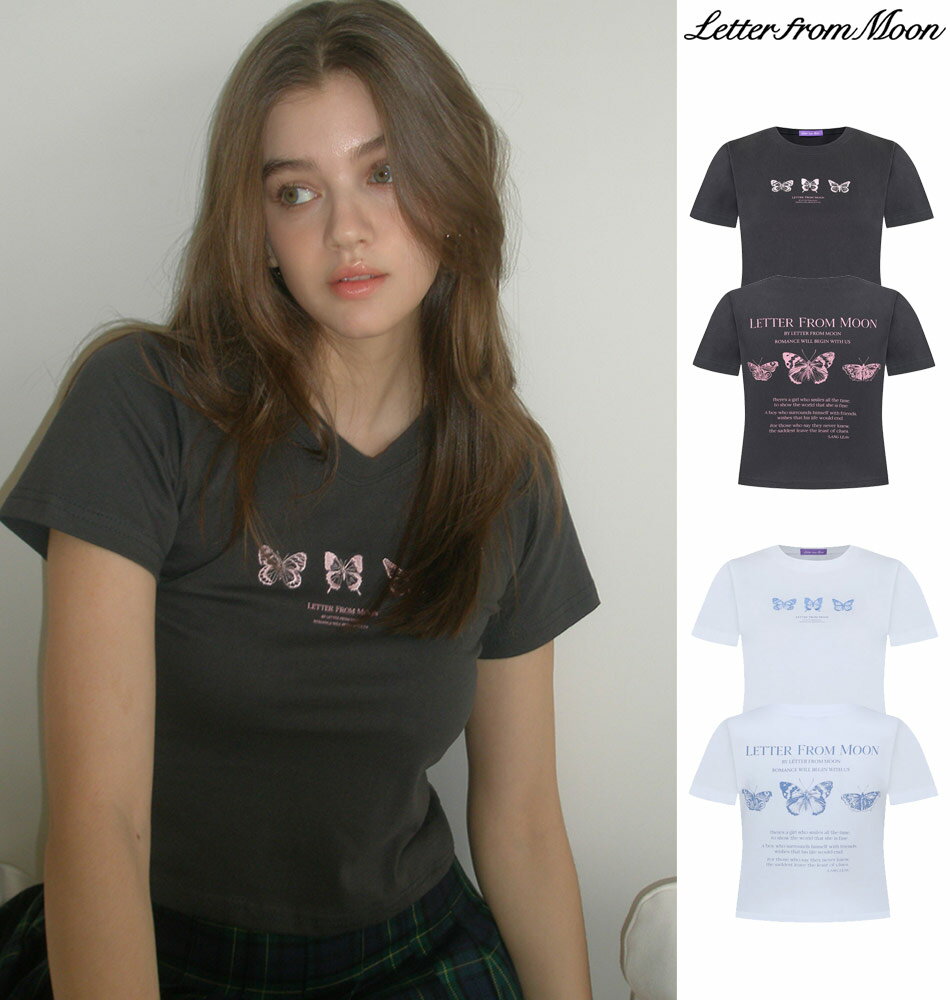 楽天DAESE TOKYO by AgemLETTER FROOM MOON トリプル蝶クロップ TEE/全2色 韓国ブランド 韓国ファッション Tシャツ 半袖 半袖Tシャツ レディース スポーツ ユニフォーム 服 Y2K 正規品 即納