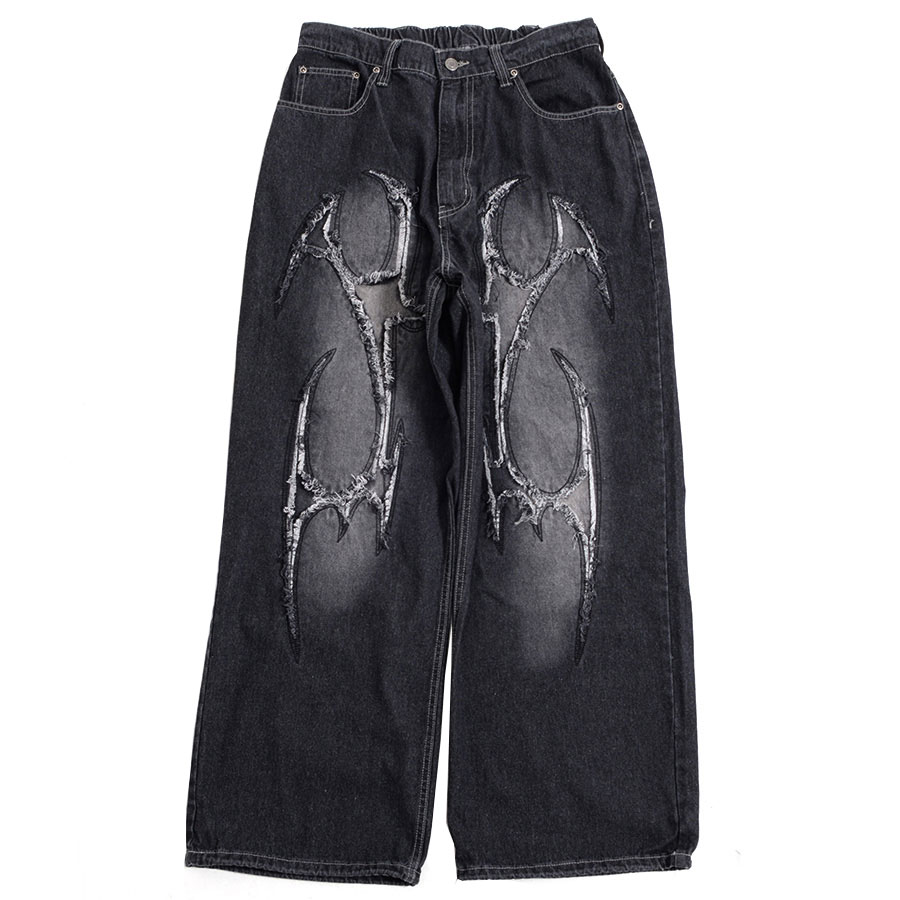 DAESE SELECT デセセレクト トライバルフリンジワイドデニムパンツ/全2色 メンズ ジーンズ ジーパン Gパン 大きいサイズ ワイドパンツ ワイドデニム 太め ゆったり ブラック ブルー 黒 青 インディゴ M L 地雷系 サブカル系 韓国系 韓国ブランド 韓国ファッション