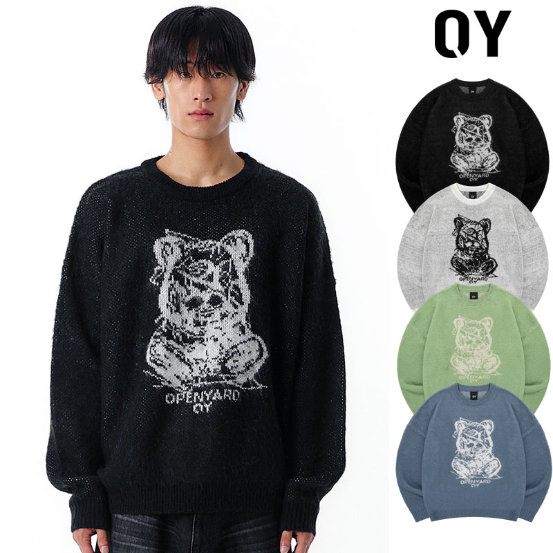 ニット レディース（売れ筋ランキング） OY オーワイ へアリースケッチ オードリーニット HAIRY SKETCH ODOLLY KNIT/全4色 韓国ブランド 韓国ファッション 長袖 ニット ニットソー セーター クルーネック ベア クマ くま ロゴ ユニセックス メンズ レディース 黒 白 緑 青 ブラック ホワイト グリーン ブルー 秋冬