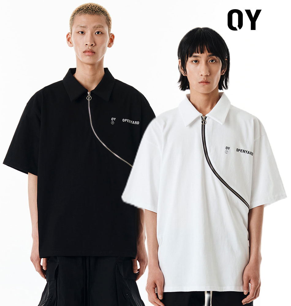 即納 OY オーワイ 正規品 カーブZIPカラーTEE/全2色【あす楽対応】韓国ブランド 韓国ファッション Tシャツ 半袖Tシャツ カットソー トップス ジップ ポロシャツ 襟 ロゴ レディース メンズ ユニセックス ストリート 白 黒 ブラック ホワイト 春夏