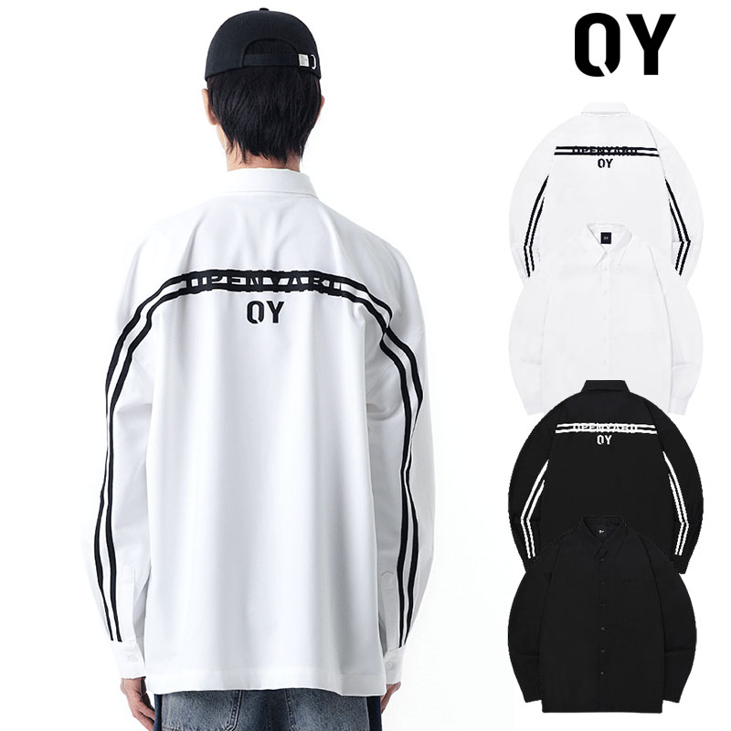 OY オーワイ カーブテープロゴ LS CURVE TAPE LOGO SHIRTS-BLACK/全2色 韓国ブランド 韓国ファッション トップス シャツ Yシャツ ライン ロゴ 白 黒 ホワイト ブラック 無地 ユニセックス メンズ レディース 原宿 ストリート カジュアル 長袖 2023 秋冬 新作