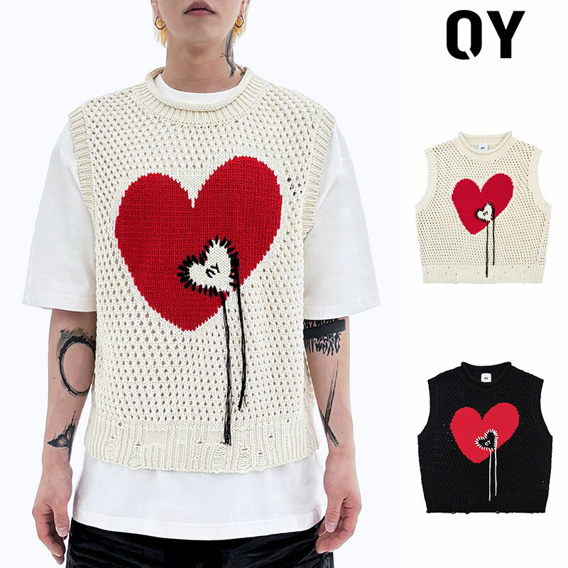 OY オーワイ ハートステッチニットベスト HEART STITCH KNIT VEST/全2色 ニット ニットソー セーター ハート ステッチ ユニセックス メンズ レディース トップス 黒 白 ブラック ホワイト アイボリー