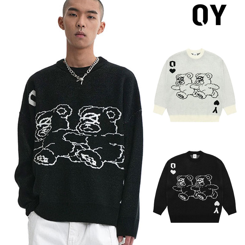 OY オーワイ ツインオードリーニット C.D ODOLLY KNIT/全2色 韓国ブランド 韓国ファッション 長袖 ニット トップス ニットソー セーター クルーネック ベア クマ くま ロゴ ユニセックス メンズ レディース 黒 白 ブラック ホワイト 春 秋冬