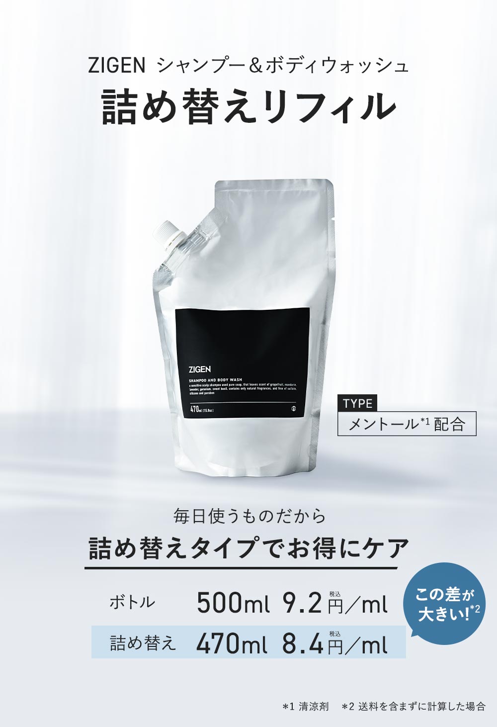 ZIGEN 全身シャンプー［メントール入り］詰替2個 濃密泡で全身サッパリ [髪/頭皮/体] 無添加 ノンシリコン ボタニカル香料 消臭成分配合 石けん 470ml ジゲン メンズ