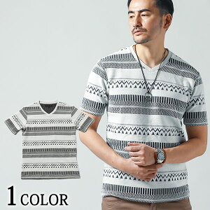 カットソー メンズ トップス Tシャツ 半袖 ジャガード Vネック 幾何柄 春 夏 秋 服 30代 40代 50代