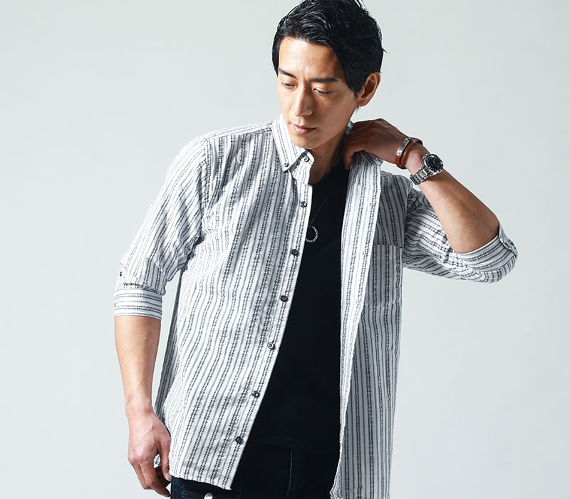 シャツ メンズ トップス カットソー Tシャツ 2点セット ストライプ 7分袖 半袖 ボタンダウン Vネック 春 夏 服 30代 40代 50代