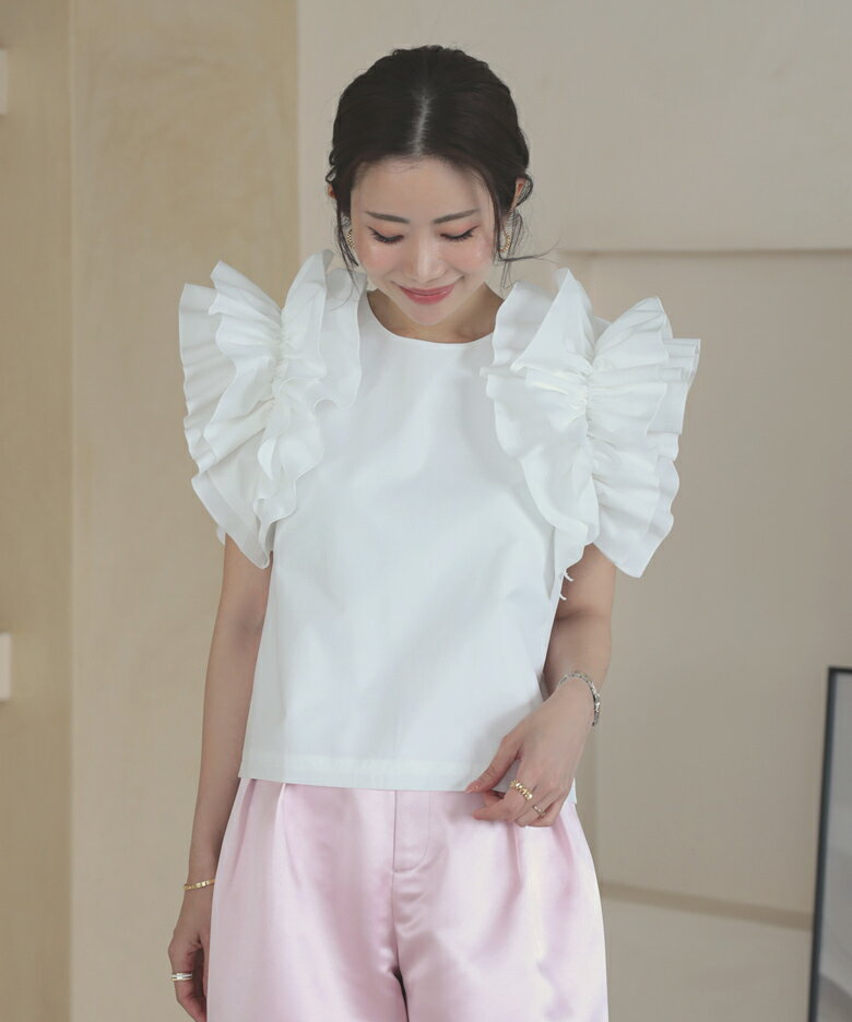 manaodaysさんコラボ ギャザーフリル袖ブラウス 肩フリル ブラウス トップス レディース 春 夏【m843】【即納：1〜2日以内に発送予定（店舗休業日を除く）】【送料無料】メ込のサムネイル