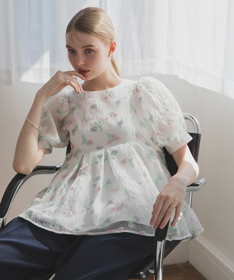 【8/10 12:00～再販】ニュアンスカラーブラウス 花柄 刺繍 パフスリーブ 半袖 裾フレア ペプラム ブラウス トップス レディース 春 夏【m852】【1～2日以内に発送予定（店舗休業日を除く）】【送料無料】メ込のサムネイル