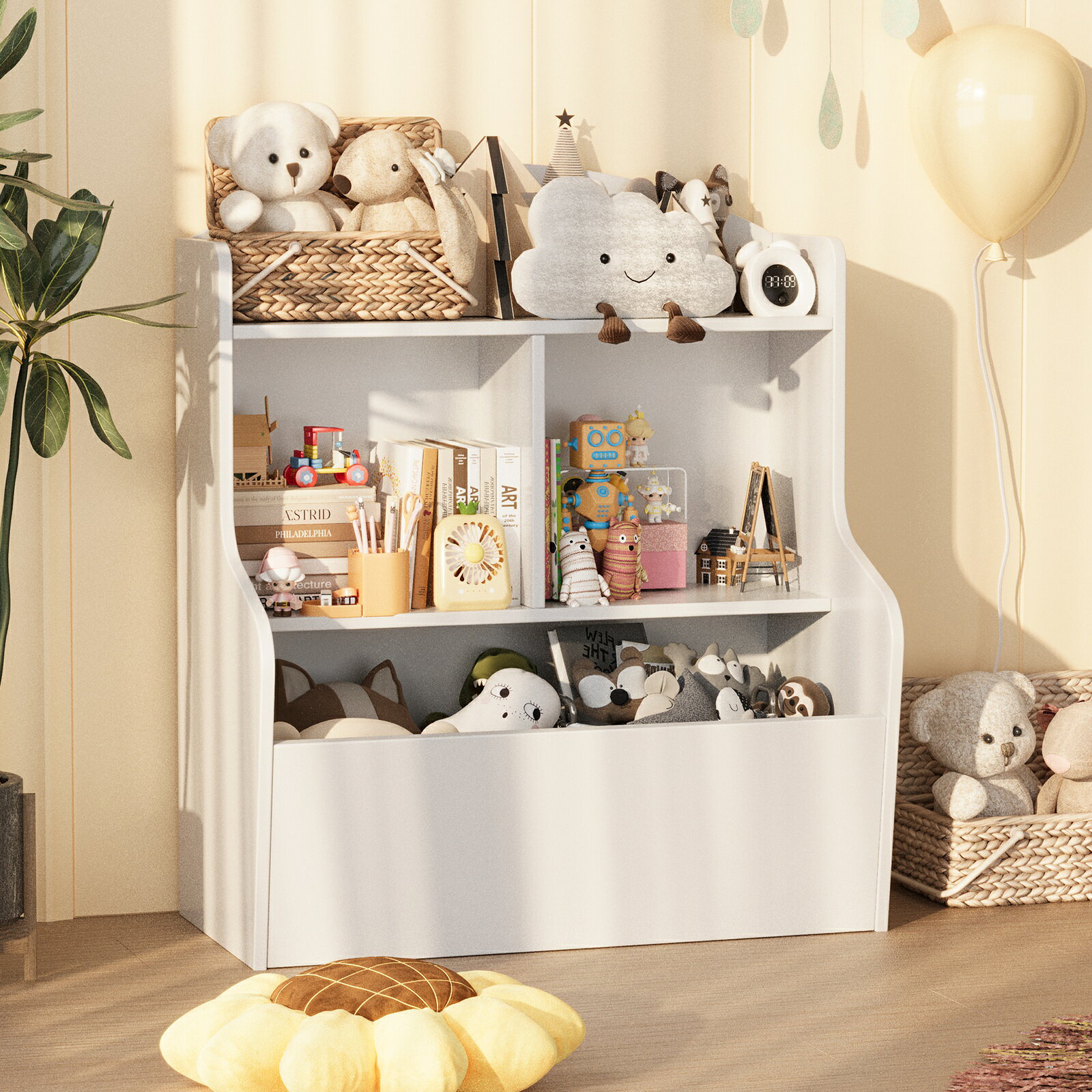 商品説明 ── 商品基本情報 ── 商品外寸約幅64.5×奥行23×高さ75cm 商品重量約11.5kg 素材合成樹脂化粧繊維板 耐荷重上段：約10kg／中段：約10kg／下段：約20kg 必要工具プラスドライバー、ハンマー（※工具は付属しませんので別途ご用意ください） ── おすすめポイント ── ■「どこに何を片付ける」のルールが決めやすく、お子様の自立心をサポートし楽しくお片付けができる収納用品です。上段、中段、下段で収納形状が異なるため、お子様が使う本やおもちゃなどを細かく分別して収納できます。 【上段】天板付きなので、写真立てや雑貨などを置く飾り棚としても活用できます。 【中段】背表紙が見える置き方で本を並べて収納したり、A4サイズの絵本がたくさん収納できます。 【下段】よく使うおもちゃを置く棚として活用できます。 ■　角丸設計ラック本体はお子様でも安心の角丸設計です。 ── ご注意事項 ── 本製品は組立式です。プラスドライバーとハンマーをご用意のうえ、説明書に従って組み立ててください。 耐荷重を超える荷物は載せないでください。 転倒防止のため、壁に固定してご使用いただくことをおすすめします。 お子様が本製品に登ったり、ぶら下がったりしないようご注意ください。 商品サイズは測定方法により多少の誤差が生じる場合があります。 モニター環境や撮影条件により、実際の色味と異なる場合があります。 商品仕様・デザインは改善のため予告なく変更される場合があります。 ── 検索キーワード ── 子供用ラック 絵本ラック 本棚 おもちゃ収納 キッズ収納 3段ラック 角丸設計 自立心 お片付け 知育 収納棚 子ども部屋 ベビーラック 木製ラック A4対応 天板付き