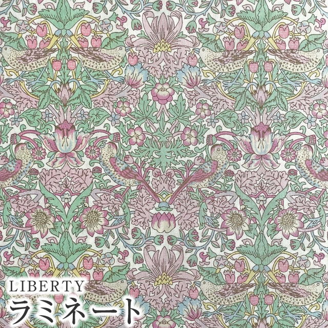 LIBERTYリバティプリント 国産つや消しラミネート(ビニールコーティング生地)＜Strawberry Thief Spring＞(ストロベリーシーフスプリング)【ピンク×グリーン】MATLAMI36300129-J22B《メルシー創業70周年記念 Merci 039 s Platinum Jubilee 2022》