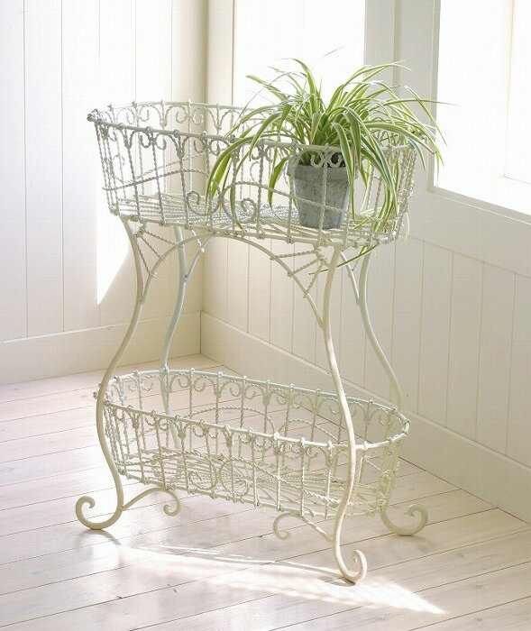 プランタースタンド 花台 2段 バスケット スタンド おしゃれ クリーム ホワイト 白 洗面所 アンティーク シャビー アイアン ガーデンラック フラワーラック ベランダ ガーデニング フリーラック COVENT GARDEN コベントガーデ【送料無料】 GX-82のサムネイル