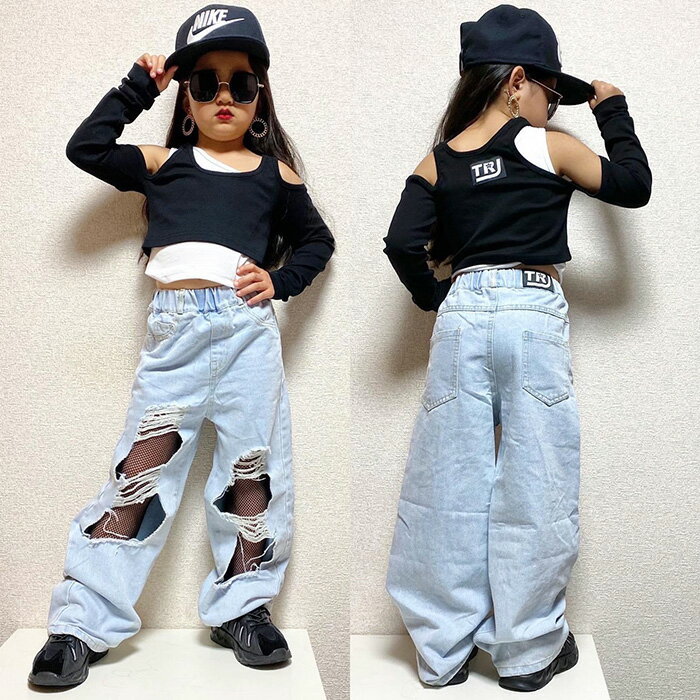 クラッシュデニム ダメージジーンズ ロゴ ワンポイント 男の子 女の子 子供服 キッズ ハイウェスト ダメージ加工 無地 ライトブルー 110cm 120cm 130cm 140cm 150cm 160cm 170cm ジーパン ダンスウェア ダンス衣装 ヒップホップ