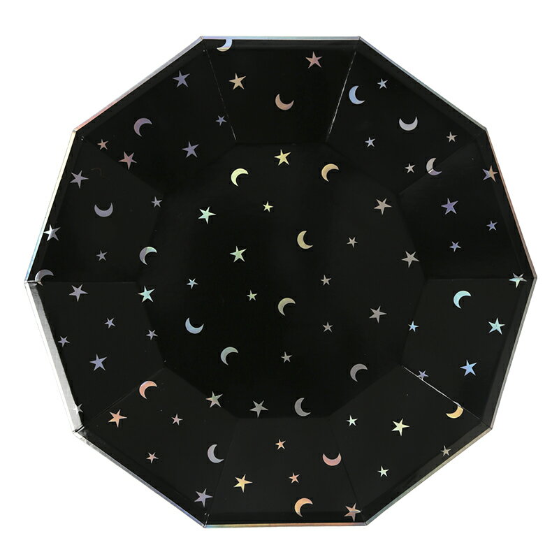 Meri Meri 45-2391 STAR AND MOON LARGE PLATE8枚入りサイズ:23cmx23cmx1cm黒地にシルバーの星と月のモチーフがちりばめられています。同じ柄のサイズ違いもあります。