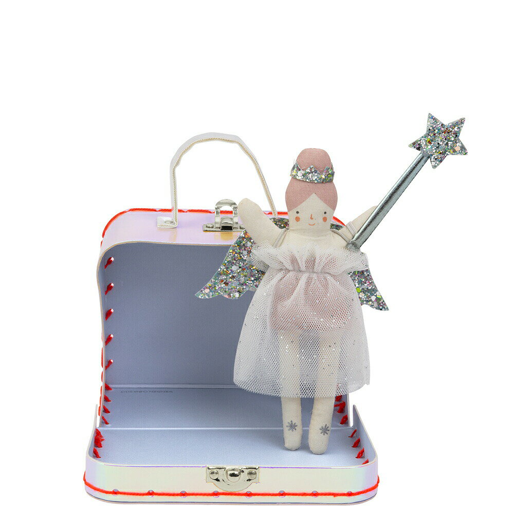 Evie Mini Suitcase Doll Cotton doll with silver fleck tulle dress. Evie ミニスーツケース　ドール チュールワンピースを着たコットンドール ワンド、ウィング付き虹色ケース...