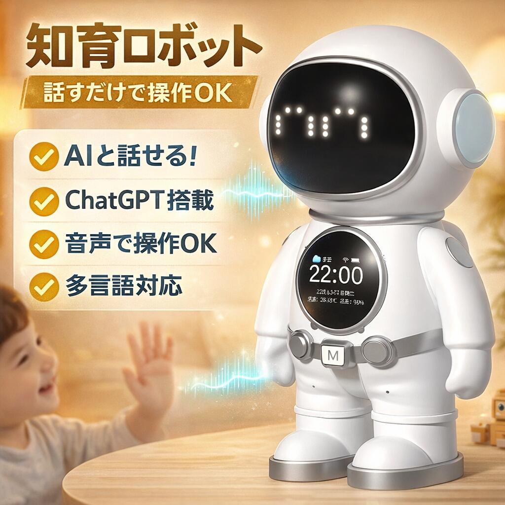 話しかけるだけで、世界が広がる。次世代AIパートナー次世代AI搭載｜話せるスマートロボット最先端のAIモデル（ChatGPTなど）を搭載し、人と自然に会話できる対話型AIロボット。日常会話から仕事サポートまで幅広く対応します。音声操作対応｜ハンズフリーで簡単操作デュアルマイク搭載により、高精度な音声認識を実現。話しかけるだけで操作でき、検索質問翻訳などもスムーズに行えます。多言語対応｜グローバルコミュニケーション日本語英語中国語をはじめ、世界各国の多言語に対応。語学学習や海外コミュニケーションにも最適です。スマート機能満載｜生活＆仕事をサポートAIによる文章生成リアルタイム情報検索（天気ニュースなど）翻訳音楽再生プレゼン資料作成サポート日常生活からビジネスまで幅広く活躍します。エンタメ＆癒し機能感情認識による自然な応答LEDムードライト搭載小夜灯機能（お子様にも安心）癒しと楽しさを同時に提供します。高音質スピーカー＆ディスプレイ40mmスピーカー搭載でクリアな音質。1.5インチカラーディスプレイで情報表示も見やすく。接続＆拡張機能Wi-Fi（2.4G）対応Bluetooth 5.3対応専用APP連携音楽再生やスマート操作も自由自在。使用シーン子供の学習サポート語学学習仕事効率化（文章作成など）エンタメ会話パートナー商品仕様バッテリー容量：1800mAh連続使用時間：約5時間充電時間：約4時間サイズ：125×97×200mm素材：ABS/PCセット内容本体×1USBケーブル×1日本語説明書×1
