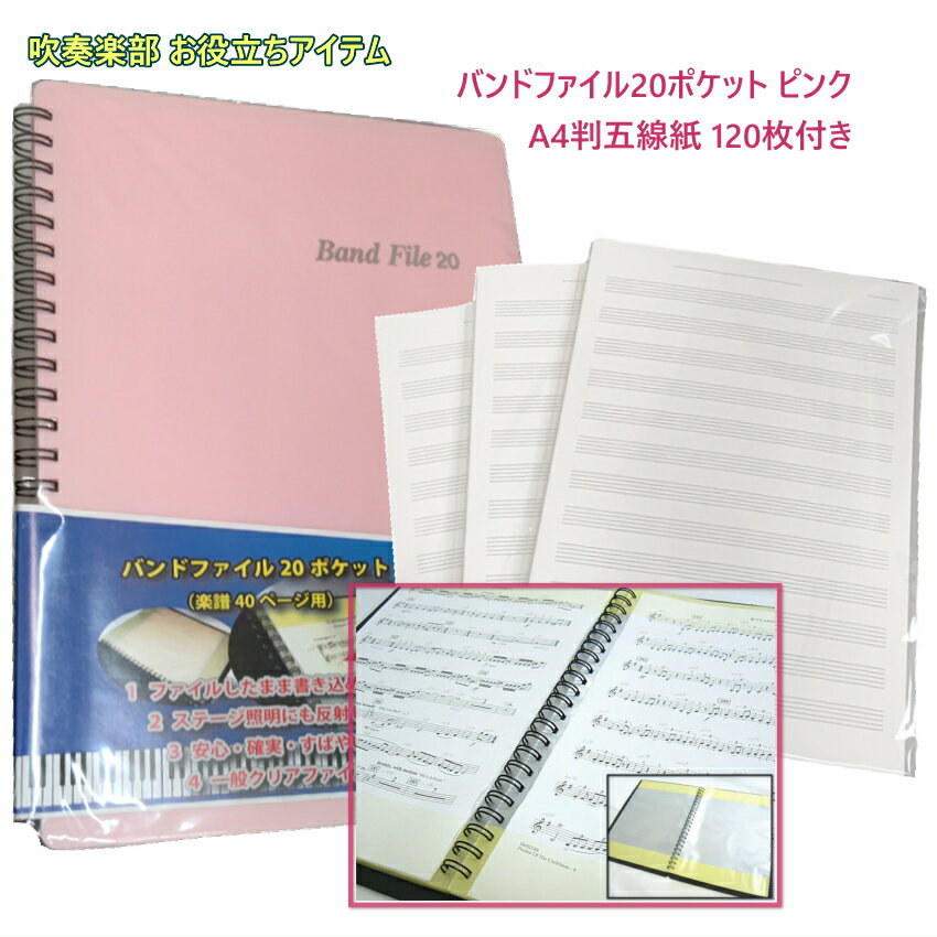 楽譜ファイル 書き込める バンドファイル 20ポケット ピンク A4サイズ五線紙 お得な120枚セット 5線 五..
