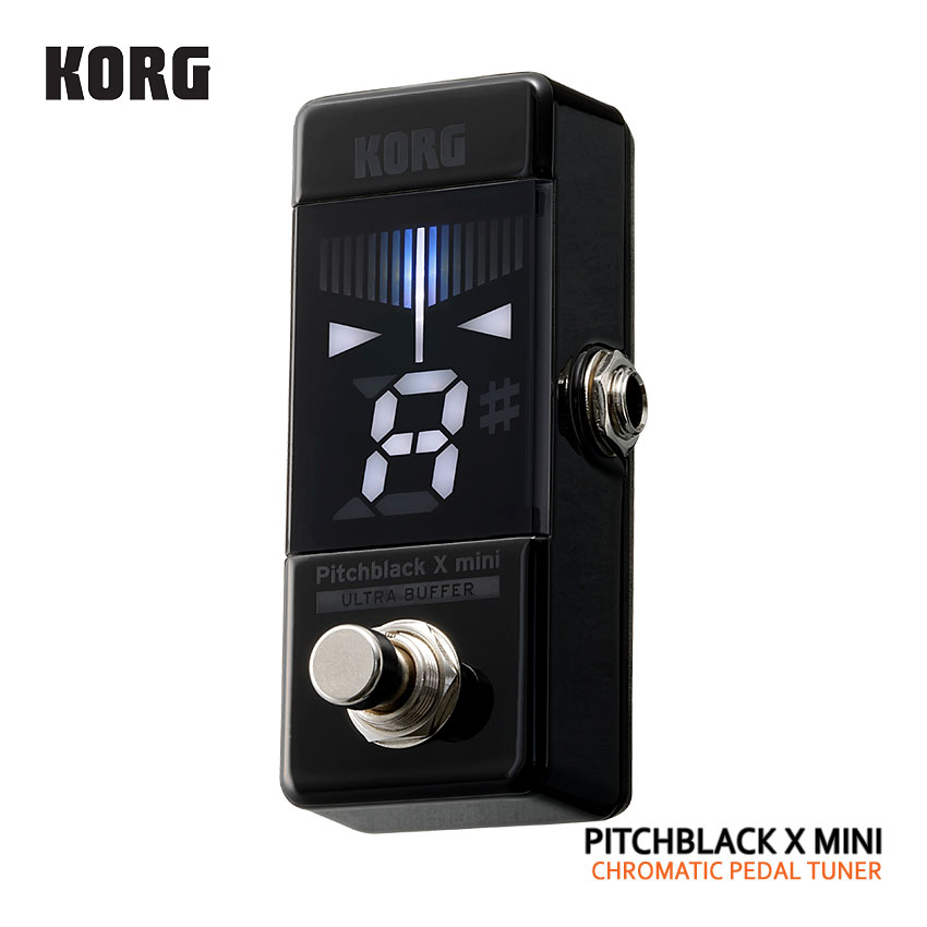 KORGピッチブラックXシリーズのペダルチューナー「Pitchblack X mini」です。 新開発の高性能バッファー「ULTRA BUFFER」搭載チューナーをより手軽に、さらにコンパクトにしたギター/ベース用ペダル・チューナー。チューナーとしての機能はもちろんのこと、抜群の視認性とチューナーをオフにした際のサウンドまでもこだわり抜かれたチューナーです。 【主な仕様】 ■ブランド：KORG ■機種：Pitchblack X mini/PB-X-MINI ■タイプ：ギター/ベース用チューナー ■音律 ：12平均律（クロマチック） ■測定範囲：E0（20.60Hz）～C8（4,186Hz） ■基準ピッチ範囲：A4=436～445Hz（1Hzステップ） ■接続端子：INPUT、BYPASS、DC 9V IN ■電源：別売ACアダプター：KA181（9V、センターマイナス） ■消費電流：最大30mA ■外形寸法：45（W）×93（D）×43（H）mm（突起物含む） ■質量：124g ※製品の仕様及びデザインは予告なしに変更することがあります。KORG ペダルチューナー Pitchblack X mini PB-X-MINI エフェクター コルグ クロマチックチューナー KORGピッチブラックXシリーズのペダルチューナー「Pitchblack X mini」です。 新開発の高性能バッファー「ULTRA BUFFER」搭載チューナーをより手軽に、さらにコンパクトにしたギター/ベース用ペダル・チューナー。チューナーとしての機能はもちろんのこと、抜群の視認性とチューナーをオフにした際のサウンドまでもこだわり抜かれたチューナーです。 - 主な特徴 - ■新開発のULTRA BUFFERを搭載 ■高機能を詰め込んだコンパクトなボディ ■ブライト・モード設定も可能なメーターLEDによる高い視認性 ■±0.1セントまで追い込める超高精度チューニング ■4種類のメーター・ディスプレイ・モード 「ULTRA BUFFER」とは？ ULTRA BUFFERとは、バイパス時の音質を向上させ、チューナーとの接続に長いシールドケーブルを使用する場合や、複雑なエフェクト・ボードにチューナーを組み込む場合でも、音質を維持することができる新開発のバッファーです。エレキギターの大半は、高インピーダンス出力のパッシブ・ピックアップが搭載されています。シールドケーブルを使う場合、約5mで音質（通常は高音域）が劣化し、シールドケーブルが長くなればなるほどさらに劣化してしまいます。ULTRA BUFFERは、長いシールドケーブルを使う際も信号の劣化を防ぎ、ペダルがオフの状態でもクリーンでクリアな音質を維持します。 新開発のULTRA BUFFERを搭載 Pitchblack Xシリーズ共通で搭載されているULTRA BUFFERは、バイパス時の音を高音質化することができるので、チューナーを長いケーブルに繋いだり大きなエフェクター・ボードに組み込んでも音色を保つことが可能になります。 高機能を詰め込んだコンパクトなボディ Pitchblack Xシリーズ最小のPitchblack X miniは、エフェクターがひしめきあうエフェクター・ボードの中にストレスなく組み込むことができます。また、重さ124グラムと軽量ながら、粉体塗装により強度も高く頑丈なつくりになっています。 ブライト・モード設定も可能なメーターLEDによる高い視認性 メーターLEDの数を増やすことで圧倒的な視認性を実現しました。また、ブライト・モード（輝度）の設定を2段階で変更できるため、日の光が反射する野外ステージの過酷な環境でも、さらに確実な視認性を得ることが可能になりました。チューニングが合ったときに両サイドの三角形のLED表示がピカピカと点滅するので、安心感があり心地良いチューニング体験をもたらしてくれます。 ±0.1セントまで追い込める超高精度チューニング ストロボ・モード時、±0.1セントの超高精度なチューニングが可能。プロフェッショナルなレコーディングやステージの現場など、細かな誤差も見逃せないシビアな現場でも活躍します。 4種類のメーター・ディスプレイ・モード プレイヤーのスタイルに合わせ、4種類のメーター表示方式から選択可能。オーソドックスな「レギュラー・モード」のほか、メーターが流れる方向と速度でピッチの変化を示し、細かな誤差まで視認しやすい「ストロボ・モード」「ハーフ・ストロボ・モード」、そして2つのLEDが左右から中央に向かって重なるようにチューニングする「ミラー・モード」を搭載しています。 ※エフェクターボードに組むことを前提に設計されているため、外部電源供給によって駆動する仕組みとなっており電池駆動は出来ません。一般的な9V ACアダプター（センターマイナス極性）をご利用下さい。 ブランド KORG 型番 Pitchblack X mini/PB-X-MINI タイプ ギター/ベース用チューナー 音律 12平均律（クロマチック） 測定範囲 E0（20.60Hz）～C8（4,186Hz） 基準ピッチ範囲 A4=436～445Hz（1Hzステップ） 測定精度 ±0.1セント（ディスプレイ・モード：ストロボ） 入力インピーダンス 1MΩ ディスプレイ・モード レギュラー、ストロボ、ハーフ・ストロボ、ミラー 接続端子 INPUT、BYPASS、DC 9V IN 電源 別売ACアダプター：KA181（9V、センターマイナス） 消費電流 最大30mA 外形寸法 45（W）×93（D）×43（H）mm（突起物含む） 質量 124g 付属品 ゴム足（1シート） ※製品の仕様及びデザインは改良のため予告なく変更することがあります。 ※ディスプレイの設定などにより色調が実物と異なる場合がございますが、ご購入後に思った色と違うなどでのキャンセルはご遠慮下さい。 ※店頭及び他のショッピングサイトでも販売を致しておりますので、ご注文頂くタイミングによっては売り切れの場合がございます。ご注文時に売り切れの場合は、お取り寄せにお時間を頂くこととなります。予めご了承下さい。