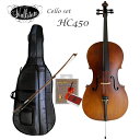 Hallstatt Cello set HC450 ハルシュタット リーズナブルなチェロ ■5点セット：本体、弓、ケース、松脂、交換用セット弦 ハルシュタット（キョーリツコーポレーション）のチェロです。 バイオリンと同じく、初心者向けの安価なチェロは大半が中国製で、メーカーもマックコーポレーション（カルロジョルダーノ）・キョーリツコーポレーション（ハルシュタット）・キクタニミュージック（ステンター）の3社が流通量の大半を占めます。 その中で、全国的に流通する量を見ると、ハルシュタットが圧倒的に数が多い状況です。 理由は品質とは実は関係なく、キョーリツコーポレーションの営業力なのですが・・・ 中国での弦楽器製造は、大変評判が良いのですが、価格が大凡同じ程度の楽器でも、製造工場や日本国内でそのブランドを取り扱うメーカーにより実際流通する楽器の品質は全く異なります。 また、販売店に弦楽器を調整出来るスタッフが居るか否かで、同一機種でもお手元に届けられる楽器の完成度は全く異なります。 ご予算は最も重要な部分ではございますが、ご予算の範囲で最も安心（ある程度の品質やアフター重視で）できる楽器をお求めいただければ幸いです。 同クラスの中では最もリーズナブルな楽器です。 初心者の方に扱いやすい様、テールピースと各弦を微調整頂くアジャスターが一体型になったものを採用致しておりますので、調弦がある程度楽に行える仕様となっております。 特に中国製の安価な楽器はペグが緩く止まりにくいという点がございますので、微調整アジャスターが一体型になっていると言う点は、初心者の方には嬉しい機能だと思います。 また、本商品だけでなく、中国製の安価なチェロには全般的に言えることですが、弦高が高めであるとい所と、弓が弱いというところがございます。 弦高が高いのはナット部分（ネック側の視点）が高い場合と、駒が高い場合がございますが、何れに致しましても良く言えば削って高さを調整できるので最悪という事ではございません。 逆に駒の高さが低い場合やナット部分を全く削ることが出来ないほど低くしてある方が、調整の余地がなくどうにもならないので、特に安価な弦楽器（バイオリンやチェロ）は、弦高は高い方が良いと思います。 弓は、もし弾きにくい様でしたら、買い換えをお勧め致します。 付属の弓に善し悪しは言えない程度　取りあえずの弓という印象ですので、弓の品質については予めご了承下さい。 ハルシュタットの楽器は、必ず調整が必要です。 メーカーから送られてくるそのままでは、特に初心者の方には扱いにくい状態となっていることが大半です。 バイオリンも同じですが、せっかく鳴る楽器に作られているのに、最終の調整が全くされていない状態でナット部が異常に高かったり、テールピースが壊れていたり、細かな部分を見ていくと何かしら問題が生じていることが多いです。 ある程度まで調整すると、意外に良く鳴るし全く使えないというものではありませんが、メーカーから送られ来るそのままではダメです。 ※本商品は、作りが少々荒いところがございます。塗装面の仕上げが雑であったり、小傷が付いている物がございますが、当店では検品で良品範囲とみなした物だけを出荷いたしております。細かな部分を気にされる方には、お勧め出来ません。 仕様 サイズ 4/4 高さ 最大：約160cm　/　最小：約129cm ※エンドピンの長さで変わります。 本体幅 最大約44cm 表板 Maple 裏板・側板 Basswood ネック Maple 指板 Stained Maple 糸巻き Stained Maple テールピース メタル製4アジャスター一体型 標準付属品 本体、キャリングバッグ、弓、ロージン（松ヤニ）、交換弦 ※木目や色合いは個体により異なります。予めご了承ください。 ■当店の特長 当店では、弓に松ヤニを塗り調弦を行い試奏検品してから出荷を致しております。 弦高が高すぎる場合、ある程度調整も行っております。 販売店の中には、メーカーからお客さま宅へ直接お届けしているお店もあるようですが、特にバイオリンやチェロなどの弦楽器は、毎日大量に出荷されているメーカーからの出荷の場合、検品や調整に掛ける時間は限られておりますので、当店の基準では不十分と思われる状態で商品を出荷しているのが現状です。 ある程度、知識がありご自身で調整頂ける方は別として、初心者の方や楽器の調整までは出来ないという方は、メーカーから直接届けられる状態では、恐らくすぐに演奏することは出来ません。 当店では、ある程度の調整と実際に試奏した楽器を出荷致しておりますので、状態としては良いものを発送致しております。お手元にとどくと演奏前の準備「調弦」さえ行って頂ければ、すぐに演奏することが可能な状態です。 ※運送中必ず調弦は狂います。弦楽器の場合、演奏前には必ず調弦が必要ですのでその点予めご了承下さい。リーズナブルなチェロHC450 ハルシュタット（キョーリツコーポレーション）のチェロです。 バイオリンと同じく、初心者向けの安価なチェロは大半が中国製で、メーカーもマックコーポレーション（カルロジョルダーノ）・キョーリツコーポレーション（ハルシュタット）・キクタニミュージック（ステンター）の3社が流通量の大半を占めます。 その中で、全国的に流通する量を見ると、ハルシュタットが圧倒的に数が多い状況です。 理由は品質とは実は関係なく、キョーリツコーポレーションの営業力なのですが・・・ 中国での弦楽器製造は、大変評判が良いのですが、価格が大凡同じ程度の楽器でも、製造工場や日本国内でそのブランドを取り扱うメーカーにより実際流通する楽器の品質は全く異なります。 また、販売店に弦楽器を調整出来るスタッフが居るか否かで、同一機種でもお手元に届けられる楽器の完成度は全く異なります。 ご予算は最も重要な部分ではございますが、ご予算の範囲で最も安心（ある程度の品質やアフター重視で）できる楽器をお求めいただければ幸いです。 HC450の特徴 同クラスの中では最もリーズナブルな楽器です。 初心者の方に扱いやすい様、テールピースと各弦を微調整頂くアジャスターが一体型になったものを採用致しておりますので、調弦がある程度楽に行える仕様となっております。 特に中国製の安価な楽器はペグが緩く止まりにくいという点がございますので、微調整アジャスターが一体型になっていると言う点は、初心者の方には嬉しい機能だと思います。 また、本商品だけでなく、中国製の安価なチェロには全般的に言えることですが、弦高が高めであるとい所と、弓が弱いというところがございます。 弦高が高いのはナット部分（ネック側の視点）が高い場合と、駒が高い場合がございますが、何れに致しましても良く言えば削って高さを調整できるので最悪という事ではございません。 逆に駒の高さが低い場合やナット部分を全く削ることが出来ないほど低くしてある方が、調整の余地がなくどうにもならないので、特に安価な弦楽器（バイオリンやチェロ）は、弦高は高い方が良いと思います。 弓は、もし弾きにくい様でしたら、買い換えをお勧め致します。 付属の弓に善し悪しは言えない程度　取りあえずの弓という印象ですので、弓の品質については予めご了承下さい。 ハルシュタットの楽器は、必ず調整が必要です。 メーカーから送られてくるそのままでは、特に初心者の方には扱いにくい状態となっていることが大半です。 バイオリンも同じですが、せっかく鳴る楽器に作られているのに、最終の調整が全くされていない状態でナット部が異常に高かったり、テールピースが壊れていたり、細かな部分を見ていくと何かしら問題が生じていることが多いです。 ある程度まで調整すると、意外に良く鳴るし全く使えないというものではありませんが、メーカーから送られ来るそのままではダメです。 ※本商品は、作りが少々荒いところがございます。塗装面の仕上げが雑であったり、小傷が付いている物がございますが、当店では検品で良品範囲とみなした物だけを出荷いたしております。細かな部分を気にされる方には、お勧め出来ません。 仕様 サイズ 4/4 高さ 最大：約160cm　/　最小：約129cm ※エンドピンの長さで変わります。 本体幅 最大約44cm 表板 Maple 裏板・側板 Basswood ネック Maple 指板 Stained Maple 糸巻き Stained Maple テールピース メタル製4アジャスター一体型 標準付属品 本体、キャリングバッグ、弓、ロージン（松ヤニ）、交換弦 ※木目や色合いは個体により異なります。予めご了承ください。 付属品＆セット品詳細 ■当店の特長 当店では、弓に松ヤニを塗り調弦を行い試奏検品してから出荷を致しております。 弦高が高すぎる場合、ある程度調整も行っております。 販売店の中には、メーカーからお客さま宅へ直接お届けしているお店もあるようですが、特にバイオリンやチェロなどの弦楽器は、毎日大量に出荷されているメーカーからの出荷の場合、検品や調整に掛ける時間は限られておりますので、当店の基準では不十分と思われる状態で商品を出荷しているのが現状です。 ある程度、知識がありご自身で調整頂ける方は別として、初心者の方や楽器の調整までは出来ないという方は、メーカーから直接届けられる状態では、恐らくすぐに演奏することは出来ません。 当店では、ある程度の調整と実際に試奏した楽器を出荷致しておりますので、状態としては良いものを発送致しております。お手元にとどくと演奏前の準備「調弦」さえ行って頂ければ、すぐに演奏することが可能な状態です。 ※運送中必ず調弦は狂います。弦楽器の場合、演奏前には必ず調弦が必要ですのでその点予めご了承下さい。 ■その他のセット品をご紹介 〇 〇 〇 〇 〇 〇 〇 〇 〇 〇