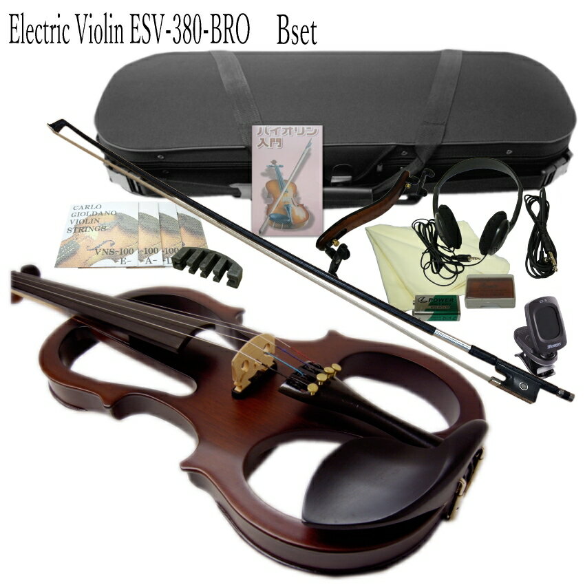 KIKUTANI Electric Violin Outfit ESV-380 4/4 夜間でも練習できる消音タイプのエレキバイオリン 13点セット 本商品は、国内楽器メーカーのキクタニミュージックが発売元の消音タイプのエレキバイオリンESV380です。 ■当店の特徴 当店では、ご注文頂いたバイオリンは安価な機種も高額機種も全て試奏検品を行います。 弓に松ヤニを塗り、調弦を行って実際に数曲演奏しながら楽器の状態を確認致します。 メーカーから入荷したばかりの調整を行っていない商品は、当店基準では全て良品外になりますので、必ず当店の良品基準まで調整を行った上で発送させて頂いております。 ※当店で良品とした場合でも、楽器そのものの品質が大きく変わる訳ではございませんので、完璧とは言い難いところはございます。同じ型番の商品と比較するならば当店で調整を行った商品は状態が良いと言えますが、他の機種や他のメーカーの価格帯が高い商品との比較では品質は劣ります。その点、予めご了承ください。 ■セット品いろいろ ご使用目的を想定して様々なセットをご提案致しております。最近では、本物のバイオリンを既に持っておられても夜間の譜読み用に予備の楽器としてお求め頂く例も増えていましたので、余分な付属品のないシンプルなセットから、ご自身で独学でバイオリンを弾けるようになりたい！というご要望も多く独学向けのセットもご用意致しております。 □その他のセット品はこちら ■本体のサイズとエレキ部分の仕様 サイズ 4/4 ピックアップ 駒の下 ピエゾピックアップ スイッチ オン/オフ コントロール ボリューム 1トーン インプット マイク入力 ミニジャック（MONO） アウトプット ヘッドフォン出力（ステレオミニ） ライン出力（ミニジャックMONO） 電源 9V角形電池 ■ご案内致しております写真について ※本体の木目は、全て異なります。画像はサンプルとしてご覧下さい。木目や色味をお選び頂くことは出来ません。 ※モニタの調整などで、実物と異なった色に見える場合がございます。思った色と異なるなどの理由でのご返品またキャンセルは一切受付致しておりません。 ※付属品などのデザインは、余儀なく変更となる場合がございます。予めご了承ください。夜間でも練習できる消音タイプのエレキバイオリン ESV-380 本商品は、国内楽器メーカーのキクタニミュージックが発売元の消音タイプのエレキバイオリンESV380です。 現在国内の楽器メーカーで中国製のバイオリンを主に流通させているメーカーとブランドは、キョーリツコーポレーションのハルシュタット、マックコーポレーションのカルロジョルダーノ、キクタニミュージックのステンターの3社3種のブランドが代表的です。 それぞれに定番のエレキバイオリンを発売していて キョーリツ＝EV30(EV-30)、マックコーポレーション＝EV202（EV-202）、KIKUTANIミュージック＝ESV380（ESV-380）となります。 3種の中で最も消音性に優れているのはESV-380で他の二機種と比べると、生音は半分ほどの音量です。 ■エレキバイオリンとは エレキバイオリンの仕組みは、弦の振動を駒の下に取り付けたピックアップで拾い内蔵のプリアンプで音を増幅させてアンプに送る。もしくはヘッドフォンで聴く。という仕組みになっております。音量や音質の調整が可能です。 また、そのエレキバイオリンは、大きく2種類に分かれます。 普通のバイオリンにプリアンプを内蔵させた本体が鳴るタイプ。 また、当店オリジナル品や本商品の様に中が空洞になっていないボディの本体が鳴らないタイプ＝消音/サイレント。 2種は目的別に使い分けていただく必要がございます。 アンサンブル（合奏やバンド内で演奏）が目的でお求めいただくのであれば、本体が鳴るタイプがお勧めです。 周りで音がしていても弾き手がモニタリングできます。 また、ご自宅で夜間の練習やご近所に聞こえないように練習したい。とお考えの方には、本体が鳴らないタイプ（消音/サイレント）をお勧め致します。 本商品は、後者の音が鳴らないタイプのエレキバイオリンです。 全く鳴らない訳ではございませんので、アンプを通さなくてもヘッドフォンを装着しなくても音は聞こえますが、バイオリンから出てくる生の音はほぼ弦の音だけですので普通のバイオリンの1/4以下、また、エレキバイオリンの半分以下程となります。 ※厳密には測定していませんが、人間の耳で聴いてその様な印象です。 ■当店の特徴 当店では、ご注文頂いたバイオリンは安価な機種も高額機種も全て試奏検品を行います。 弓に松ヤニを塗り、調弦を行って実際に数曲演奏しながら楽器の状態を確認致します。 メーカーから入荷したばかりの調整を行っていない商品は、当店基準では全て良品外になりますので、必ず当店の良品基準まで調整を行った上で発送させて頂いております。 ※当店で良品とした場合でも、楽器そのものの品質が大きく変わる訳ではございませんので、完璧とは言い難いところはございます。同じ型番の商品と比較するならば当店で調整を行った商品は状態が良いと言えますが、他の機種や他のメーカーの価格帯が高い商品との比較では品質は劣ります。その点、予めご了承ください。 ■セット品いろいろ ご使用目的を想定して様々なセットをご提案致しております。最近では、本物のバイオリンを既に持っておられても夜間の譜読み用に予備の楽器としてお求め頂く例も増えていましたので、余分な付属品のないシンプルなセットから、ご自身で独学でバイオリンを弾けるようになりたい！というご要望も多く独学向けのセットもご用意致しております。 ■詳細解説 本体について ペグは普通のバイオリンと同じタイプです。安価なバイオリンには最近トルク調整式のペグが採用されていることがございますが、本商品はヘッドに差し込むだけの通常タイプのペグです。 このタイプのペグは、調弦や丁度良いところでピタッと止めるためにコツが必要です。 初心者の方には調弦（チューニング）が最初の壁になりますが、本商品に限らず弦楽器は全て演奏前のチューニングが必要ですので、がんばって練習頂かなければなりません。 ペグの止まり具合は当店で試奏検品の際に止まりにくい物は調整して出荷させて頂きます。安価なバイオリンはペグが止まりにくいという場合が多いのですが、本商品はそんな中で止めやすい方だと思います。 弓について 本商品に限らず中国製のバイオリンに付属している弓は、残念ながら品質は安定しておりません。 当店では、付属の弓にマツヤニを塗り試奏検品を行いますので実際に弓に負荷をかけて検品致しますが、出荷時に良品範囲の弓であっても状態が良いとは言いにくいのが現状です。 スティック部分や毛の取り付け部分は強く有りませんので、弓のお取り扱いには十分注意してください。 ※弓の毛は演奏中以外は必ずゆるめてください。ご購入後の取り扱いについては当店から商品と一緒にお届けする取り扱い説明書を必ずお読みください。お取り扱いの間違いによって生じた故障は保証対象外となります。 仕上げについて この価格帯では十分な品質だと思いますが、全体の仕上げとしてはやはりある程度妥協が必要です。 例えば、小傷などは当たり前の様についていてキズのないバイオリンの方が少ないかも知れません。目立ったキズではございませんが、最終の仕上げより前の段階でついたキズにそのまま塗装がされていたりいたします。大変恐れ入りますが、全体の仕上げに関しましては予めご了承ください。 ■本体のサイズとエレキ部分の仕様 サイズ 4/4 ピックアップ 駒の下 ピエゾピックアップ スイッチ オン/オフ コントロール ボリューム 1トーン インプット マイク入力 ミニジャック（MONO） アウトプット ヘッドフォン出力（ステレオミニ） ライン出力（ミニジャックMONO） 電源 9V角形電池 ■ご案内致しております写真について ※本体の木目は、全て異なります。画像はサンプルとしてご覧下さい。木目や色味をお選び頂くことは出来ません。 ※モニタの調整などで、実物と異なった色に見える場合がございます。思った色と異なるなどの理由でのご返品またキャンセルは一切受付致しておりません。 ※付属品などのデザインは、余儀なく変更となる場合がございます。予めご了承ください。 ■当店の検品内容について一部ご紹介致します。