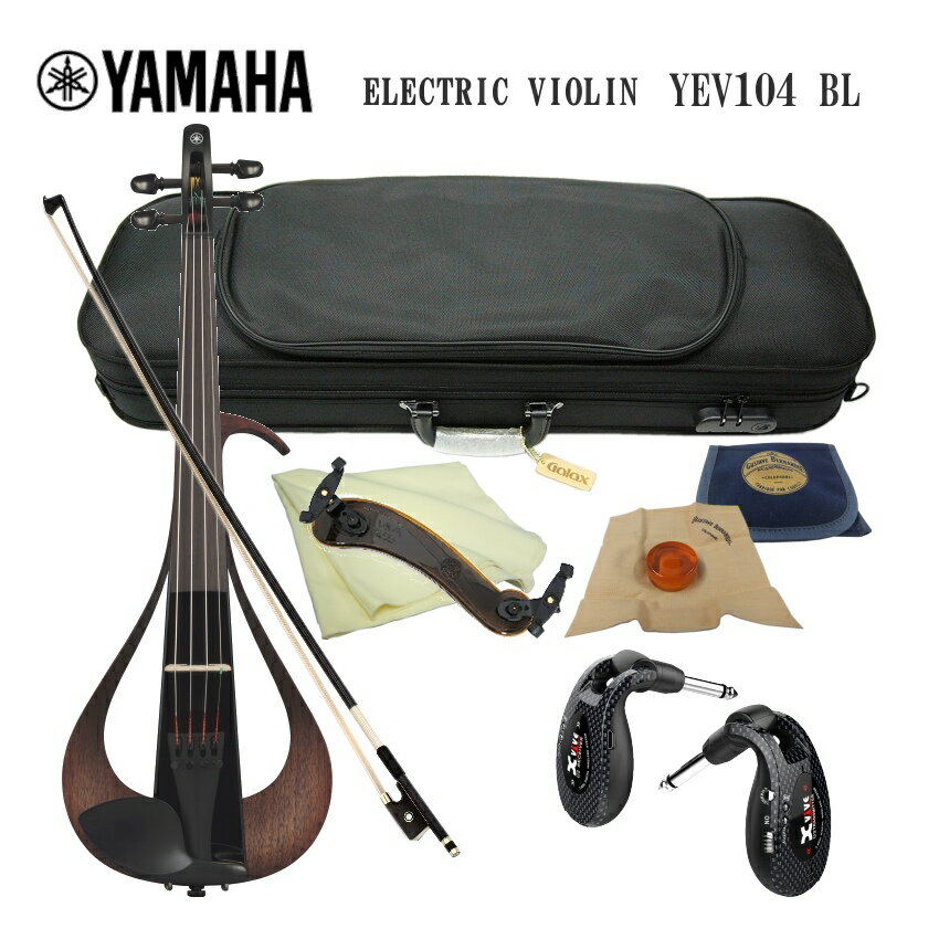 YAMAHA ElectricViolin YEV104 ヤマハ エレクトリックバイオリン BL(ブラック) ステージ演奏に最適なワイヤレスセット ヤマハエレキバイオリンYEV104です。 ステージ映えをねらってか、葉っぱのような美しいデザインが特徴です。 ヤマハにはサイレントバイオリンがございますが、弾き比べると本商品の方が音量は小さめ。 他に安価なエレキバイオリンに更に音が小さなバイオリンもございますが、本商品もサイレントタイプといっても良いほど通常のバイオリンの半分ほどの音量となっております。 仕様 サイズ/質量 寸法 横×高×奥行：204mm×592mm×111mm 質量 約560g 本体 サイズ 4/4（身長目安145cm以上) 胴部 スプルース/マホガニー/メイプル 側板/フレーム ウォルナット 棹/ネック メイプル 指板 樹脂含浸材 パーツ 駒/ブリッジ メイプル(ピックアップ内蔵タイプ) 糸巻き エボニー テールピース 号税樹脂(アジャスター内蔵) あご当て 樹脂製 弦 D'Addario Zyex 機構/構造 ピックアップシステム 駒内蔵式ピエゾピックアップ ファンクション コントロール ボリューム コントロール、切替スイッチ(ボリュームコントロールON/OFF) メモリー/接続端子 出力端子 パッシブアウト（モノラル標準） 【検品調整後の出荷】 当店では、当店オリジナルのセット品をご購入の場合には、試奏検品を行っておりますが 本体を単体でお求め頂いた際は、目視検品のみとなります。 予めご了承ください。 常に在庫いたしておりますが、ご注文が集中いたしますと一時的に欠品する場合もございます。 ご入用に期限がございましたら、できるだけお早めにご注文いただければ幸いです。 様々なセットのご紹介 当店では用途に応じて様々なセットをご提案致しております。 「ご自宅での独学」、「スタジオでの練習」、「夜間練習」、「ちょっとしたライブパフォーマンス」、「ホールなどでのご使用」など様々。お好みのセットをお選びください。斬新で美しいデザインとステージユースにふさわしい 優れた性能を兼ね備えたパフォーマンスのための新世代のエレクトリックバイオリン ヤマハエレキバイオリンYEV104です。 ステージ映えをねらってか、葉っぱのような美しいデザインが特徴です。 ヤマハにはサイレントバイオリンがございますが、弾き比べると本商品の方が音量は小さめ。 他に安価なエレキバイオリンに更に音が小さなバイオリンもございますが、本商品もサイレントタイプといっても良いほど通常のバイオリンの半分ほどの音量となっております。 特徴 仕様 スタッフコメント ・ペグは少し緩い 新品時は、ペグは止まりにくいです。 通常よりも少しきつめに締めて頂く方が良いです。 チューニングを繰り返していくうちに馴染んできて止まりやすくなります。少し辛抱が必要です。 ・サイレントバイオリンとの弾き比べ サイレントバイオリンのボディは樹脂製なので軽く弦の振動が良く伝わるために、思ったより音量が大きいと思われる方は少なくありません。一方、本エレキバイオリンはボディが木製でデザイン重視全体が響くようにと作られておりませんので、サイレントバイオリンよりも生音は小さいと感じます。 ・ボリュームコントロール アンプに通して音を出すとき、ボリュームコントロールをON(経由)すると、音量の強弱はつきますが少し音質が細くなります。(線の細い音になります） また、OFFにしてボリュームをバイパスすると線の太い音が致します。 ・肩当て 特殊な形状ですが、一般的な(汎用タイプ)の肩当てをご使用頂けます。 しかしながら、装着時本体の端は(引っかける部分)が薄く丸みを帯びておりますので、しっかりと挟んでいないと滑って手前に外れてきますので、ご注意ください。 ・弾きやすく楽しい とても手軽に弾きやすい楽器です。 そもそも音量が普通のバイオリンの半分以下と小さめなので、気軽に楽しめます。 また、ルーパーなどを接続して一人で複数のパートを演奏しループさせることで一人アンサンブルも楽しめます。 楽しみ方の例を1つご紹介 ■セット内容について 本商品「STAGE-XVセット」は 基本セットのSIMPLEセット（ケース/弓/松脂/肩当て/クリーニングクロス）にプラス ステージで演奏する方向けにワイヤレスシステムがついております。 様々なセットのご紹介 当店では用途に応じて様々なセットをご提案致しております。 「ご自宅での独学」、「スタジオでの練習」、「夜間練習」、「ちょっとしたライブパフォーマンス」、「ホールなどでのご使用」など様々。お好みのセットをお選びください。 BL （ブラック） NT （ナチュラル） SET解説 「SIMPLEセット」 以下すべてのセットに共通する付属品で構成されております。 ■セミハードケース：背負うことができるケースです。 ■カーボン弓：湿度の変化に影響を受けにくいカーボン弓を採用。 ■肩当て：viva FLEX のスケルトンタイプは足が折りたためるタイプです。 ■松脂：世界で最も使用されている松脂と言われるBERNARDELを採用。 ■クリーニングクロス：吸水性が良く乾きやすく洗濯しても毛玉にならない素材。 「ROOMセット」 SIMPLEセットにプラス 音量を半分程度に落とすミュートを付属致しております。夜間の練習などに重宝いたします。また、音量を落とした分臨場感に欠けますのでヘッドホンアンプとヘッドホンをセットに致しました。 こちらのヘッドホンアンプは、音質を変えるエフェクターも内蔵しておりますので、遊び心がくすぐられます。 「ROOM-SSセット」 ROOMセットにプラス 教則本や教則DVD、また譜面台やチューナー、交換用のセット弦など充実の15点セット。 ご自身で独学をお考えの方に勧めの内容となっております。 「PERFORMセット」 本商品は、SIMPLEセットにプラス 持ち運びに便利な小型のアンプがセットになっております。 ちょっとしたLIVEパフォーマンスを行う際にご使用いただける様、シールドや専用ケースもセットに致しております。またこちらの小型アンプは電池駆動ができますが、専用の電源アダプターも付属いたしておりますので、屋内での長時間演奏にも向きます。さらに、正面で聞きやすくするためにアンプ用のスタンド（MIC ストレートスタンド)をセットに致しました。 「STAGE-XYセット」 本商品は、SIMPLEセットにプラス ステージでご使用いただくことを想定してケーブルを接続せずミキサーやアンプに音を送信できるワイヤレスシステムをセットに致しております。 当社の実験では見通しの悪い15m四方の音切れはありませんでした。 一般的なLIVE HOUSEで混信しない限り綺麗な音を送信できます。