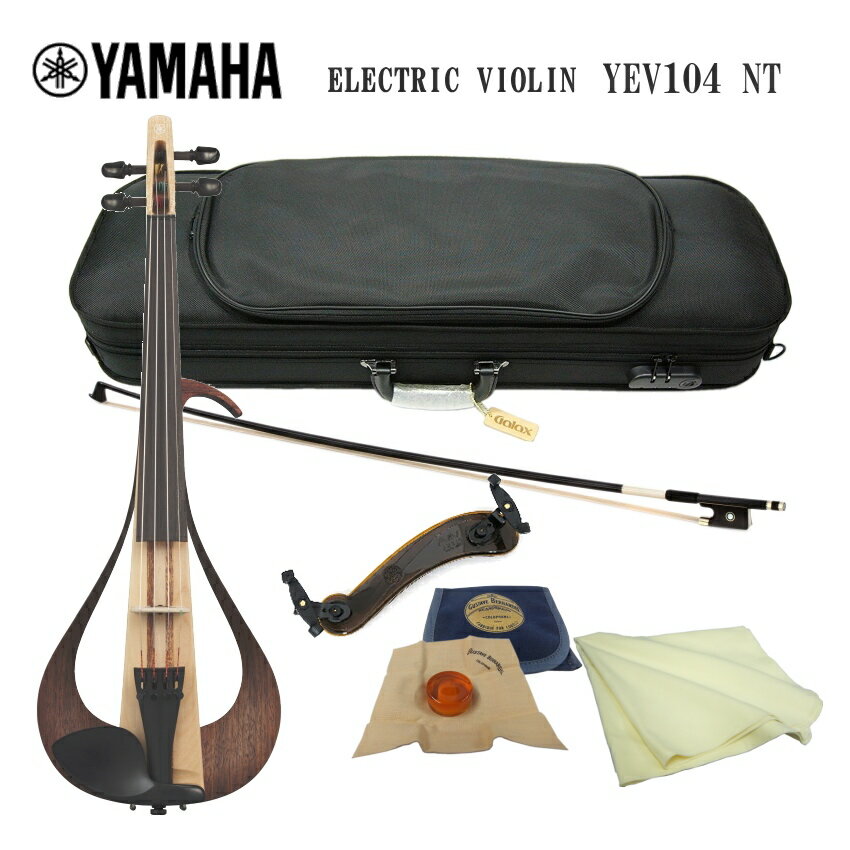 YAMAHA ElectricViolin YEV104 ヤマハ エレクトリックバイオリン NT（ナチュラル） 弓、ケース、肩当てや松脂などが付いたシンプルセット ヤマハエレキバイオリンYEV104です。 ステージ映えをねらってか、葉っぱのような美しいデザインが特徴です。 ヤマハにはサイレントバイオリンがございますが、弾き比べると本商品の方が音量は小さめ。 他に安価なエレキバイオリンに更に音が小さなバイオリンもございますが、本商品もサイレントタイプといっても良いほど通常のバイオリンの半分ほどの音量となっております。 仕様 サイズ/質量 寸法 横×高×奥行：204mm×592mm×111mm 質量 約560g 本体 サイズ 4/4（身長目安145cm以上) 胴部 スプルース/マホガニー/メイプル 側板/フレーム ウォルナット 棹/ネック メイプル 指板 樹脂含浸材 パーツ 駒/ブリッジ メイプル(ピックアップ内蔵タイプ) 糸巻き エボニー テールピース 号税樹脂(アジャスター内蔵) あご当て 樹脂製 弦 D'Addario Zyex 機構/構造 ピックアップシステム 駒内蔵式ピエゾピックアップ ファンクション コントロール ボリューム コントロール、切替スイッチ(ボリュームコントロールON/OFF) メモリー/接続端子 出力端子 パッシブアウト（モノラル標準） 【検品調整後の出荷】 当店では、当店オリジナルのセット品をご購入の場合には、試奏検品を行っておりますが 本体を単体でお求め頂いた際は、目視検品のみとなります。 予めご了承ください。 常に在庫いたしておりますが、ご注文が集中いたしますと一時的に欠品する場合もございます。 ご入用に期限がございましたら、できるだけお早めにご注文いただければ幸いです。 様々なセットのご紹介 当店では用途に応じて様々なセットをご提案致しております。 「ご自宅での独学」、「スタジオでの練習」、「夜間練習」、「ちょっとしたライブパフォーマンス」、「ホールなどでのご使用」など様々。お好みのセットをお選びください。斬新で美しいデザインとステージユースにふさわしい 優れた性能を兼ね備えたパフォーマンスのための新世代のエレクトリックバイオリン ヤマハエレキバイオリンYEV104です。 ステージ映えをねらってか、葉っぱのような美しいデザインが特徴です。 ヤマハにはサイレントバイオリンがございますが、弾き比べると本商品の方が音量は小さめ。 他に安価なエレキバイオリンに更に音が小さなバイオリンもございますが、本商品もサイレントタイプといっても良いほど通常のバイオリンの半分ほどの音量となっております。 特徴 仕様 サイズ/質量 寸法 横×高×奥行：204mm×592mm×111mm 質量 約560g 本体 サイズ 4/4（身長目安145cm以上) 胴部 スプルース/マホガニー/メイプル 側板/フレーム ウォルナット 棹/ネック メイプル 指板 樹脂含浸材 パーツ 駒/ブリッジ メイプル(ピックアップ内蔵タイプ) 糸巻き エボニー テールピース 号税樹脂(アジャスター内蔵) あご当て 樹脂製 弦 D'Addario Zyex 機構/構造 ピックアップシステム 駒内蔵式ピエゾピックアップ ファンクション コントロール ボリューム コントロール、切替スイッチ(ボリュームコントロールON/OFF) メモリー/接続端子 出力端子 パッシブアウト（モノラル標準） スタッフコメント ・ペグは少し緩い 新品時は、ペグは止まりにくいです。 通常よりも少しきつめに締めて頂く方が良いです。 チューニングを繰り返していくうちに馴染んできて止まりやすくなります。少し辛抱が必要です。 ・サイレントバイオリンとの弾き比べ サイレントバイオリンのボディは樹脂製なので軽く弦の振動が良く伝わるために、思ったより音量が大きいと思われる方は少なくありません。一方、本エレキバイオリンはボディが木製でデザイン重視全体が響くようにと作られておりませんので、サイレントバイオリンよりも生音は小さいと感じます。 ・ボリュームコントロール アンプに通して音を出すとき、ボリュームコントロールをON(経由)すると、音量の強弱はつきますが少し音質が細くなります。(線の細い音になります） また、OFFにしてボリュームをバイパスすると線の太い音が致します。 ・肩当て 特殊な形状ですが、一般的な(汎用タイプ)の肩当てをご使用頂けます。 しかしながら、装着時本体の端は(引っかける部分)が薄く丸みを帯びておりますので、しっかりと挟んでいないと滑って手前に外れてきますので、ご注意ください。 ・弾きやすく楽しい とても手軽に弾きやすい楽器です。 そもそも音量が普通のバイオリンの半分以下と小さめなので、気軽に楽しめます。 また、ルーパーなどを接続して一人で複数のパートを演奏しループさせることで一人アンサンブルも楽しめます。 楽しみ方の例を1つご紹介 ■セット内容について 本商品「SIMPLEセット」は 全てのセットに共通で付属する「ケース/弓/松脂/肩当て/クリーニングクロス」がついております。 様々なセットのご紹介 当店では用途に応じて様々なセットをご提案致しております。 「ご自宅での独学」、「スタジオでの練習」、「夜間練習」、「ちょっとしたライブパフォーマンス」、「ホールなどでのご使用」など様々。お好みのセットをお選びください。 BL （ブラック） NT （ナチュラル） SET解説 「SIMPLEセット」 以下すべてのセットに共通する付属品で構成されております。 ■セミハードケース：背負うことができるケースです。 ■カーボン弓：湿度の変化に影響を受けにくいカーボン弓を採用。 ■肩当て：viva FLEX のスケルトンタイプは足が折りたためるタイプです。 ■松脂：世界で最も使用されている松脂と言われるBERNARDELを採用。 ■クリーニングクロス：吸水性が良く乾きやすく洗濯しても毛玉にならない素材。 「ROOMセット」 SIMPLEセットにプラス 音量を半分程度に落とすミュートを付属致しております。夜間の練習などに重宝いたします。また、音量を落とした分臨場感に欠けますのでヘッドホンアンプとヘッドホンをセットに致しました。 こちらのヘッドホンアンプは、音質を変えるエフェクターも内蔵しておりますので、遊び心がくすぐられます。 「ROOM-SSセット」 ROOMセットにプラス 教則本や教則DVD、また譜面台やチューナー、交換用のセット弦など充実の15点セット。 ご自身で独学をお考えの方に勧めの内容となっております。 「PERFORMセット」 本商品は、SIMPLEセットにプラス 持ち運びに便利な小型のアンプがセットになっております。 ちょっとしたLIVEパフォーマンスを行う際にご使用いただける様、シールドや専用ケースもセットに致しております。またこちらの小型アンプは電池駆動ができますが、専用の電源アダプターも付属いたしておりますので、屋内での長時間演奏にも向きます。さらに、正面で聞きやすくするためにアンプ用のスタンド（MIC ストレートスタンド)をセットに致しました。 「STAGE-XYセット」 本商品は、SIMPLEセットにプラス ステージでご使用いただくことを想定してケーブルを接続せずミキサーやアンプに音を送信できるワイヤレスシステムをセットに致しております。 当社の実験では見通しの悪い15m四方の音切れはありませんでした。 一般的なLIVE HOUSEで混信しない限り綺麗な音を送信できます。