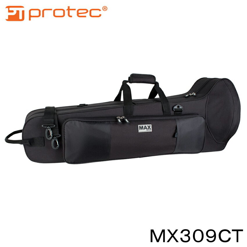 PROTEC バストロンボーン用ケース MAXシリーズ MX309CT ベルサイズ10.5インチ(約26.7cm)までのバストロンボーンを収納できる、PROTEC(プロテック)の軽量セミハードケースです。 【ご注意ください】 ベル直径最大10.5インチ(約26.7cm)まで収納可能な設計となっておりますが、 10.5インチぴったりのベルですと少し使いづらいです。 快適にご使用頂くには、収納可能直径サイズよりも少し小さめのベルを推奨致します。 【商品のポイント】 ・ケースの重さは約2.9kgと非常に軽量。 ・シンプルなデザインのマウスピースポーチ1個付属。 ・同価格帯の他メーカー商品と比べて、品質が良く仕上げの荒さが比較的少ない。 【内装ポイント】 ・内装は摩擦が起きにくく楽器に優しいベロア生地。 ・中身が飛び出しにくい、蓋付きの小物入れスペースが2箇所。 【外装ポイント】 ・ストラップが標準付属しているので、電車や人混みなどで人の邪魔になりにくいリュック式での持ち運びが可能。 ・背中に自分の荷物を背負っている時でも大丈夫、ショルダー式での持ち運びも可能。 ・お手入れ用品やチューナーなどが楽々入る大きめのフロントポケット。 ・ケースの2つの側面に低鋲が付いているので、縦置きも横置きも安定。 ■仕様まとめ (メーカー引用) ■収納可能ベル直径サイズ：10.5インチ (約26.7cm)まで対応 ※収納可能直径サイズよりも少し小さめのベル推奨。 ■外寸 長さ 約96.5cm ベルエンドの幅 約33cm ラップエンドの幅 約16.5cm ベルエンドの高さ 約35.6cm ラップエンドの高さ 約19.7cm ■フロントポケット内部サイズ：約16.5cm(縦)×約62.2cm(横)×約3.2cm(厚み) ■ケース重量：約2.9kg ■付属品：ショルダーストラップ×1本、マウスピースポーチ×1 ※モニタによりお色が異なって見える場合がございます。思っていたものと異なる等でのご返品は受け付け致しておりません。 ※購入前にサイズをよくご確認下さい。ご購入後に、お持ちの楽器に合わない等のでのキャンセルはご対応致しかねます。 ※ケースの仕様が予告なく変更となる場合がございます。予めご了承下さい。4kan セミハードケース トロンボーン ■ギャラリー ■内装特徴＆付属品 ■サイズや重量 PROTEC バストロンボーン用ケース MAXシリーズ MX309CT ベルサイズ10.5インチ(約26.7cm)までのバストロンボーンを収納できる、PROTEC(プロテック)の軽量セミハードケースです。 ご注意ください ベル直径最大10.5インチ(約26.7cm)まで収納可能な設計となっておりますが、 10.5インチぴったりのベルですと少し使いづらいです。 快適にご使用頂くには、収納可能直径サイズよりも少し小さめのベルを推奨致します。 商品のポイント ・ケースの重さは約2.9kgと非常に軽量。 ・シンプルなデザインのマウスピースポーチ1個付属。 ・同価格帯の他メーカー商品と比べて、品質が良く仕上げの荒さが比較的少ない。 内装ポイント ・内装は摩擦が起きにくく楽器に優しいベロア生地。 ・中身が飛び出しにくい、蓋付きの小物入れスペースが2箇所。 外装ポイント ・ストラップが標準付属しているので、電車や人混みなどで人の邪魔になりにくいリュック式での持ち運びが可能。 ・背中に自分の荷物を背負っている時でも大丈夫、ショルダー式での持ち運びも可能。 ・お手入れ用品やチューナーなどが楽々入る大きめのフロントポケット。 ・ケースの2つの側面に低鋲が付いているので、縦置きも横置きも安定。 ■仕様まとめ (メーカー引用) ■収納可能ベル直径サイズ：10.5インチ (約26.7cm)まで対応 ※収納可能直径サイズよりも少し小さめのベル推奨。 ■外寸 長さ 約96.5cm ベルエンドの幅 約33cm ラップエンドの幅 約16.5cm ベルエンドの高さ 約35.6cm ラップエンドの高さ 約19.7cm ■フロントポケット内部サイズ：約16.5cm(縦)×約62.2cm(横)×約3.2cm(厚み) ■ケース重量：約2.9kg ■付属品：ショルダーストラップ×1本、マウスピースポーチ×1 ※モニタによりお色が異なって見える場合がございます。思っていたものと異なる等でのご返品は受け付け致しておりません。 ※購入前にサイズをよくご確認下さい。ご購入後に、お持ちの楽器に合わない等のでのキャンセルはご対応致しかねます。 ※ケースの仕様が予告なく変更となる場合がございます。予めご了承下さい。