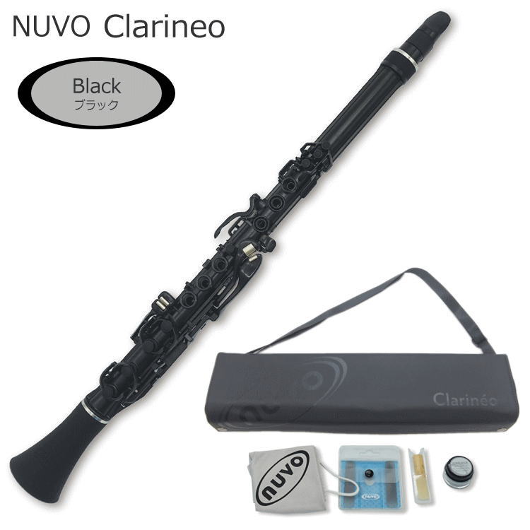 大人気シリーズNUVOのClarineo(クラリネオ)　「N120CLBK」 【仕様】 ・カラー：ブラック ・音域：E3〜A6 ・管体/キー：プラスチック ・キーパッド(タンポ)：シリコンラバー ・ローラー部：ステンレススチール ・完全防水仕様 ・Key：C調 ・本体重量：約270g ・本体全長：約58.5cm 【セット内容】 本体、専用セミハードケース、説明書、運指表、リード（ケーン1枚：E♭、プラスチック3枚：#1, #1-1/2, #2）、リードケース、クリーニング用スワブ、Oリング用グリス【NUVO Clarineo(クラリネオ)　N120CLBK　ブラック】 大人気シリーズNUVOのClarineo（クラリネオ） 大人気シリーズNUVOの「Clarineo（クラリネオ）」です。 クラリネットよりコンパクトで軽量、他のリード楽器に比べ軽く吹くだけで音を出すことが可能な、誰にでも楽しめる新感覚の管楽器です。 本体はプラスチック製で、手の小さいお子様や女性にも楽々扱える設計になっています。 また、リコーダーと同様のC調ですのでピアノやリコーダーの楽譜でも演奏を楽しめます。 本体が樹脂製でパッドはシリコン製のため水に濡れてもOK！キャンプやハイキング、海やプール、 雨の日やシャワー中でも演奏が可能です！ 外観はポップで可愛いデザインのため、余興やソロ演奏などの場面でお楽しみいただくこともできます。 お子様の練習用として、もっと気軽にクラリネットを楽しみたいという方にオススメの楽器です！ 本商品は、「本格的にはじめたい！」という学生さんなどにはオススメ致しかねますが、楽器経験者の方の遊び感覚で、またクラリネットに興味があるけれどまだまだ体が小さく本物のクラリネットはちょっと・・というお子様の練習用として、オススメできる面白い楽器です。是非この楽器で音楽を楽しんでください♪ 【仕様】 ・カラー：ブラック ・音域：E3〜A6 ・管体/キー：プラスチック ・キーパッド(タンポ)：シリコンラバー ・ローラー部：ステンレススチール ・完全防水仕様 ・Key：C調 ・本体重量：約270g ・本体全長：約58.5cm 【セット内容】 本体、専用セミハードケース、説明書、運指表、リード（ケーン1枚：E♭、プラスチック3枚：#1, #1-1/2, #2）、リードケース、クリーニング用スワブ、Oリング用グリス