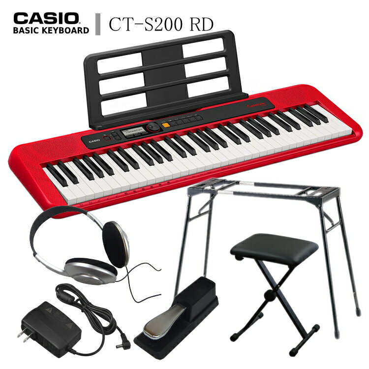 CASIO KEYBOARD　CT-S200 カシオトーン スタイリッシュなベーシックモデル 安定感のあるテーブル型スタンド＆椅子＋ペダルのセット 選べるカラーリング。 ポータブルデザインとシンプル操作も魅力。 DJ気分で楽しめる「ダンスミュージックモードwithボイス」数種類のパターンフレーズを組み合わせてダンスミュージックが楽しめます。 演奏にアクセントを加える12種類のダンスミュージックボイスも内蔵。 また、エフェクトや自動盛り上げなどダンスミュージック特有のサウンド効果もかけられます。 スリム&amp;スタイリッシュなポータブルデザイン片手で楽に持ち運びができます。アルカリ乾電池で約16時間の駆動が可能です。 ご使用の電池の種類や演奏方法によっては連続動作時間が短くなることがあります。 シンプルなインターフェイスボタン数を少なくしたシンプルなデザインで、初心者でも簡単に操作できます。 ボリュームシンクイコライザーボリュームに連動して音質が最適化される機能を備え、小さな音量でも低音から高音までバランスの良い音で演奏できます。 お気に入りボタン音色やリズムなど、お気に入りの設定を登録でき、ワンタッチで簡単に呼び出せます。 ■当店オリジナルセット品のご案内 当店では様々な付属品をお買い得なセットとして販売させて頂いております。 お好みのセットをお選びください。カシオキーボード　カシオトーン スタイリッシュなベーシックモデル 選べるカラーリング。 ポータブルデザインとシンプル操作も魅力。 DJ気分で楽しめる「ダンスミュージックモードwithボイス」数種類のパターンフレーズを組み合わせてダンスミュージックが楽しめます。 演奏にアクセントを加える12種類のダンスミュージックボイスも内蔵。 また、エフェクトや自動盛り上げなどダンスミュージック特有のサウンド効果もかけられます。 スリム&amp;スタイリッシュなポータブルデザイン片手で楽に持ち運びができます。アルカリ乾電池で約16時間の駆動が可能です。 ご使用の電池の種類や演奏方法によっては連続動作時間が短くなることがあります。 シンプルなインターフェイスボタン数を少なくしたシンプルなデザインで、初心者でも簡単に操作できます。 ボリュームシンクイコライザーボリュームに連動して音質が最適化される機能を備え、小さな音量でも低音から高音までバランスの良い音で演奏できます。 お気に入りボタン音色やリズムなど、お気に入りの設定を登録でき、ワンタッチで簡単に呼び出せます。 ■特徴 ■スリム&amp;スタイリッシュなポータブルデザイン 音楽を好きな場所で楽しめるよう、930×256×73mmのコンパクトサイズに仕上げたほか、アルカリ乾電池で約16時間の連続駆動*が可能です。 また、3.3kgと軽量で、キーボード上部にはグリップを備えているので、片手で楽に持ち運びができます。 ※ご使用の電池の種類や演奏方法によっては連続動作時間が短くなることがあります。 ■初心者でも操作しやすいインターフェイス 液晶表示とダイヤルを組み合わせることで、ボタン数を少なくしたシンプルかつ簡単に操作できるインターフェースを採用。 操作に迷ったときに元の画面に戻せるホームボタンも備えており、多機能な電子キーボードでありながらも使いやすさにこだわりました。 ■コンパクトな本体サイズを感じさせないサウンド マグネットを強化した13cm×6cmの楕円スピーカーを採用することで、コンパクトな本体サイズを感じさせないサウンドを楽しめます。 また、ボリュームに連動してイコライザーが最適化される機能を備えているので、小さな音量であっても低音から高音までバランスの良い音で演奏できます。 ■演奏の楽しみ方を広げるダンスミュージックモード with ボイス ドラムやベース、シンセサイザーのフレーズを組み合わせて、簡単にダンスミュージックを楽しめるモードを備えています。さらに、ダンスミュージックに適した12種類のダンスミュージックボイスも搭載。 リズムに合わせて押すだけで通常の演奏にアクセントを加えて、ダンスミュージックを楽しめます。 ■お気に入りボタン お気に入りの設定を登録できるので、音楽教室で習った音色、リズムなどを家で簡単に呼び出して練習することも可能です。 ■ピアノ形状鍵盤 弾きやすさとリアルな演奏感にこだわった、ピアノ形状の鍵盤を採用しています。 箱型の形状をした鍵盤です。（白鍵のサイズ：長さ約136mm x 幅約22mm） ■拡張性のためのUSBホスト端子 CT-S200はUSB micro Bジャックが付属しているので、スマートデバイスやコンピュータと一緒に、音楽の制作を簡単に楽しむことができます。（市販のケーブルが必要です。） ■内蔵ソングバンク（パートON/OFF） 内蔵ソングは　左手、右手、両手とパートをON/OFFする機能が備わっております。 内蔵曲はこちらでご確認いただけます。 ■主な仕様 ■当店オリジナルセット品のご案内 当店では様々な付属品をお買い得なセットとして販売させて頂いております。 お好みのセットをお選びください。 &nbsp; ヘッドフォン X型スタンド&nbsp; テーブル形 スタンド&nbsp; 小型X型 スタンド 折りたたみ椅子&nbsp; サスティン ペダル&nbsp; &nbsp; &nbsp; &nbsp;軽量タイプのステレオヘッドフォン &nbsp;高さ調整可能なX型スタンド &nbsp;汎用タイプのテーブル形スタンド 小さなお子様に丁度良い高さになる &nbsp;高さ調整が可能な折りたたみ椅子 音を伸ばす為のサスティンペダル&nbsp; CT-S200〇〇 × × × × × × CT-S200〇〇-HP 〇 × × × × × CT-S200〇〇-KSKB 〇 〇 × × 〇 × CT-S200WEのみ KSKBW 〇 〇ホワイト × × 〇ホワイト × CT-S200〇〇-KSKB-PD 〇 〇 × × 〇 〇 CT-S200WEのみ KSKBW-PD 〇 〇ホワイト × × 〇ホワイト 〇 CT-S200〇〇-KSminiCH 〇 × × 〇 〇 CH-BK × CT-S200-KS2KB-PD 〇 × 〇 × 〇 〇