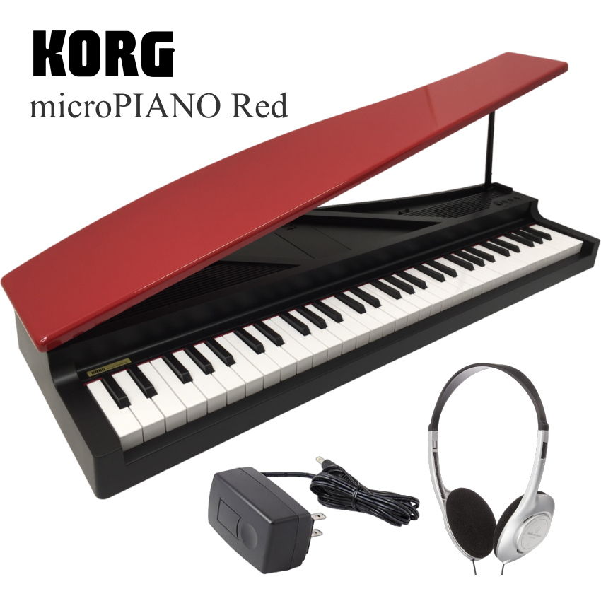 お洒落な贈り物として人気 KORG microPIANO ■ヘッドホン付き ミニピアノと言えば、カワイの木製ミニピアノが人気ですが、こちらは出産のお祝いやお子様へのプレゼントとして定番ですが コルグmicroPIANOは、大人の方へのお洒落なプレゼントとして人気の高いピアノ型電子キーボードです。 シンプルでありながら、多数の音色切り替えや自動演奏も61曲内蔵されており、ミニ鍵盤ですが普通に演奏も可能な優れたミニピアノです。 ■自動演奏(内蔵曲再生) 忙しくて、街をゆっくり散歩してクリスマスの雰囲気を味わう。ということができない時 可愛いオルゴールの音色でクリスマスっぽい曲を再生させると、一瞬でクリスマスの雰囲気に包まれます。 音色、内蔵曲、共に61種類を選択できます。(参考資料はこちら)お洒落な贈り物として人気 KORG microPIANO ミニピアノと言えば、カワイの木製ミニピアノが人気ですが、こちらは出産のお祝いやお子様へのプレゼントとして定番ですが コルグmicroPIANOは、大人の方へのお洒落なプレゼントとして人気の高いピアノ型電子キーボードです。 シンプルでありながら、多数の音色切り替えや自動演奏も61曲内蔵されており、ミニ鍵盤ですが普通に演奏も可能な優れたミニピアノです。 ■自動演奏(内蔵曲再生) 忙しくて、街をゆっくり散歩してクリスマスの雰囲気を味わう。ということができない時 可愛いオルゴールの音色でクリスマスっぽい曲を再生させると、一瞬でクリスマスの雰囲気に包まれます。 音色、内蔵曲、共に61種類を選択できます。(参考資料はこちら) ■こんなお洒落なミニピアノは他にない サンプル画像の通り、グランドピアノ型のキーボードでとてもお洒落な形。更に、天屋根の塗装がピアノと同じくピカピカの鏡面仕上げとなっており、高級感があります。 ■いつでもどこでも弾ける 付属のACアダプターで何時間でも演奏可能ですが、電池駆動も致しますので、電源が確保できない野外での演奏も可能です。 単三アルカリ乾電池6本で15時間の演奏が可能とおなっております。 また、夜間演奏をお楽しみいただく場合に備えて、ヘッドホンもご使用いただけます。 ※乾電池やヘッドホンは別売となります。当店では、それらをセットにした商品のご提案も行っておりますので、お好みのセット品をお選びください。 ■可愛いミニ鍵盤 microPIANOはミニ鍵盤を採用致しております。 弾きやすくはありませんが、見た目がとても可愛いです。 可愛いからといっておもちゃではなく、ちゃんと演奏も出来ます。