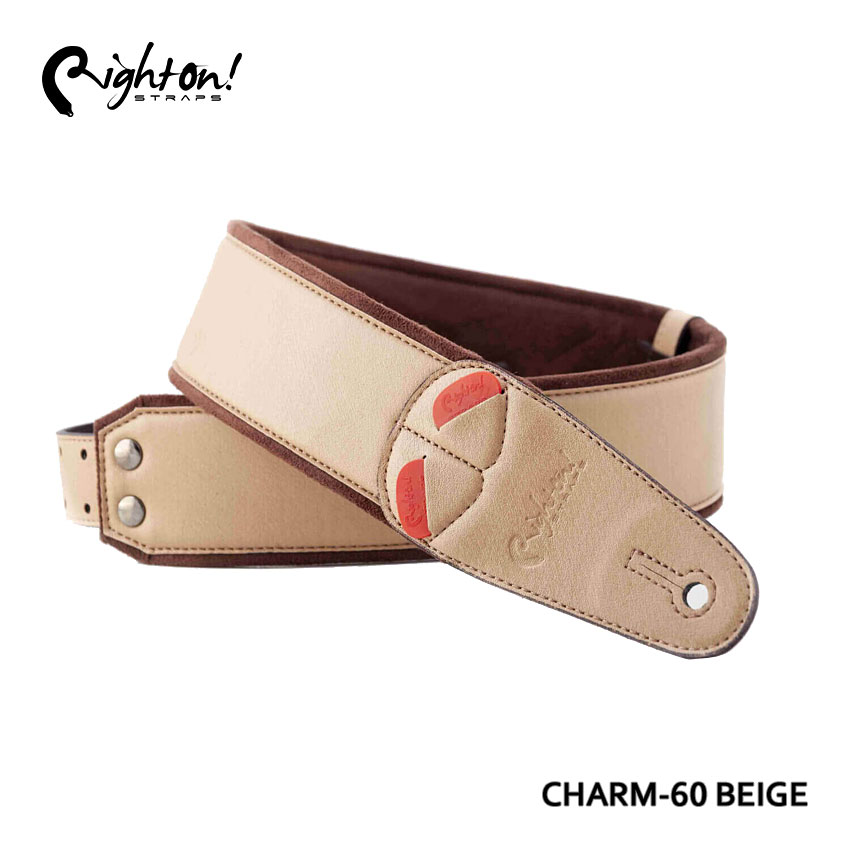 RightOn! STRAPSのストラップ「CHARM-60」です。 シンプルな色で惹きつけ、ストレートな魅力を放つモデル。 カラフルなラインナップからギターの色に合わせた組み合わせを楽しんで下さい。 表面に採用された素材は耐久性をテストされた合成皮革。裏地のマイクロファイバーは吸水性に優れており滑りにくいので、演奏時の快適性を高めています。RAS調整システムにより95〜145cm間を20段階で長さ調整が可能。 【仕様】 ■ブランド：Right On! STRAPS ■機種：CHARM-60 ■色：BEIGE ■素材：表地=合皮/裏地=マイクロファイバー ■パッド：高密度ラテックス ■エンドタブ：合皮 ■長さ：約950mm〜約1,450mm ■幅：約60mm ■厚さ：約5mm ※表示サイズは多少の誤差、個体差のある場合があります。 ※製品の仕様及びデザインは改良のため予告なく変更することがあります。 ※ディスプレイの設定などにより色調が実物と異なる場合がございますが、ご購入後に思った色と違うなどでのキャンセルはご遠慮下さい。RightOn! STRAPSについて RightOn! STRAPS（ライトオン！ストラップス）は、スペインでファッションブランドを手がけるGilcar社のブランドとして、2012年に生まれました。Gilcar社はDiesel、Zara、Massimo Dutti、Mango、Desigual、Adolfo Dominguez、Carolina Herrera等の国際的なブランドのベルト、バッグ、ブレスレットを始め、多岐にわたる革製品を作っております。品質に厳しいアパレル市場に製品を供給してきた歴史は40年以上に渡ります。 RightOn! STRAPS ストラップ CHARM-60 BEIGE チャーム60 ベージュ RightOn! STRAPSのストラップ「CHARM-60 BEIGE」です。 シンプルな色で惹きつけ、ストレートな魅力を放つモデル。 カラフルなラインナップからギターの色に合わせた組み合わせを楽しんで下さい。 表面に採用された素材は耐久性をテストされた合成皮革。裏地のマイクロファイバーは吸水性に優れており滑りにくいので、演奏時の快適性を高めています。また、5mm厚のラテックスをパッドに使用。クッション性を高め、肩への負荷を軽減させます。RAS調整システムにより95～145センチメートル間を20段階で長さ調整が可能。 【仕様】 ■ブランド：Right On! STRAPS ■機種：CHARM-60 ■色：BEIGE ■素材：表地=合皮/裏地=マイクロファイバー ■パッド：高密度ラテックス ■エンドタブ：合皮 ■長さ：約950mm～約1,450mm ■幅：約60mm ■厚さ：約5mm ※表示サイズは多少の誤差、個体差のある場合があります。 ※製品の仕様及びデザインは改良のため予告なく変更することがあります。 ※ディスプレイの設定などにより色調が実物と異なる場合がございますが、ご購入後に思った色と違うなどでのキャンセルはご遠慮下さい。 ※店頭及び他のショッピングサイトでも販売を致しておりますので、ご注文頂くタイミングによっては売り切れの場合がございます。ご注文時に売り切れの場合は、お取り寄せにお時間を頂くこととなります。予めご了承下さい。