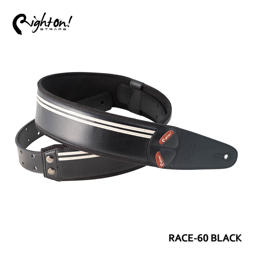 Right On! STRAPS ギターストラップ RACE-60 BLACK レース ブラック モノトーン ビンテージ 黒 おしゃれ【合皮 高密度テラックス ピック入れ付き】