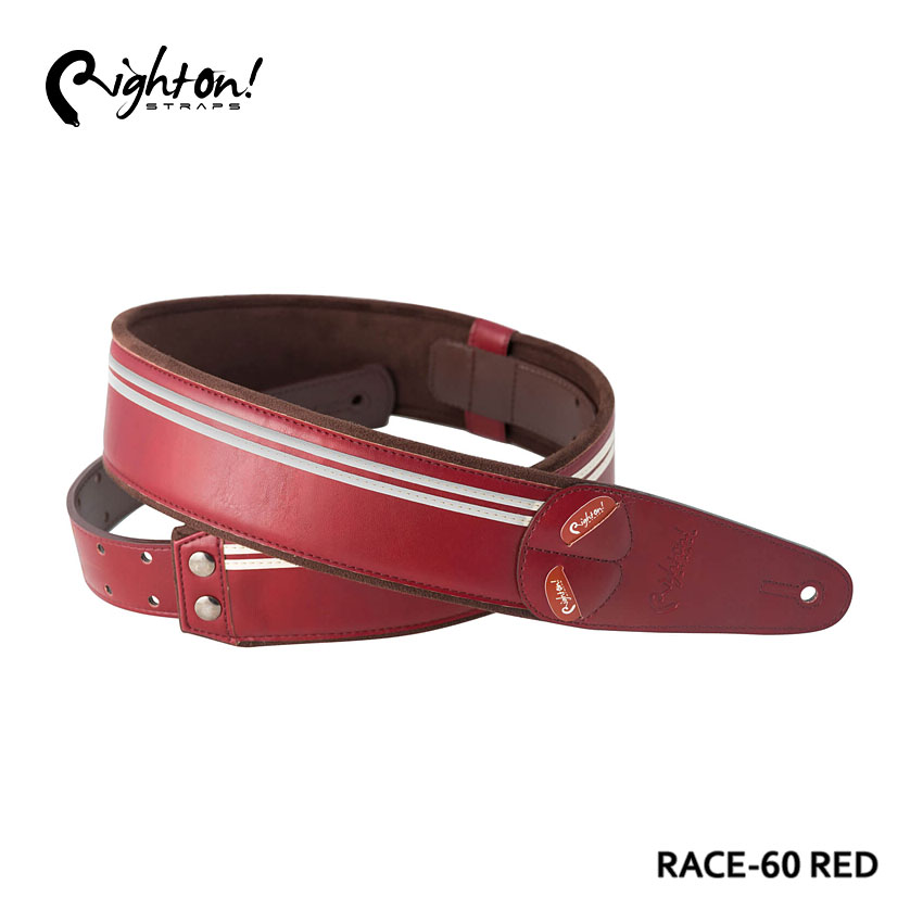 Right On! STRAPS ギターストラップ RACE-60 RED レース レッド 赤 紅 白ライン フォードマスタング おしゃれ【合皮 高密度テラックス ピック入れ付き】